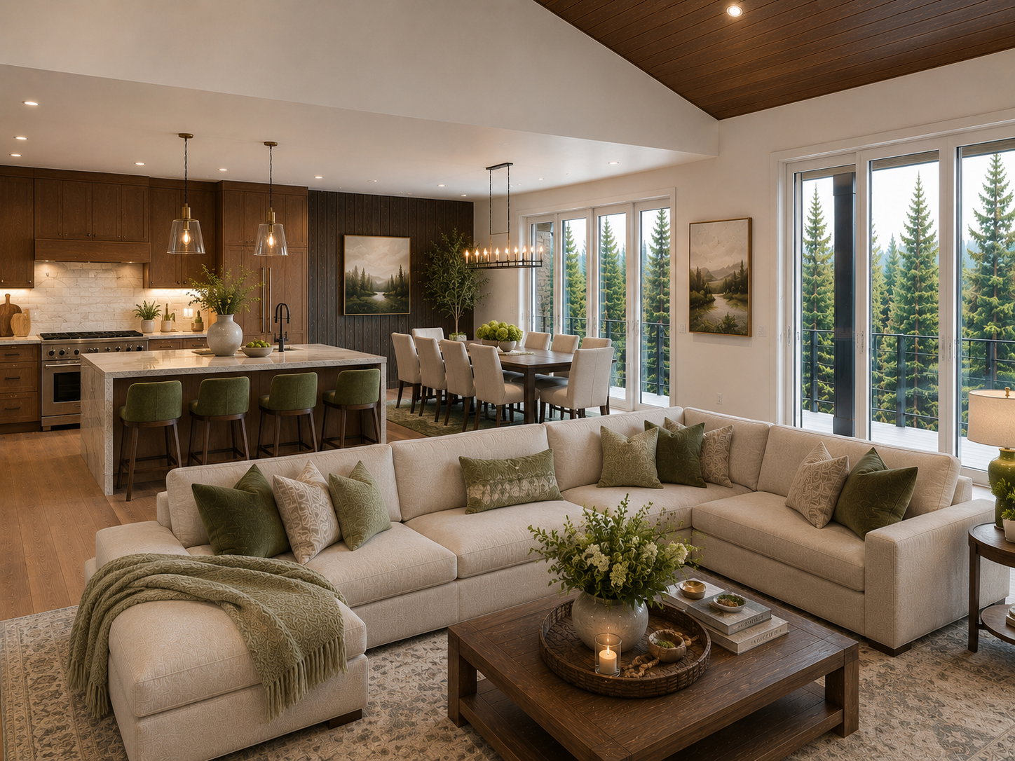 Open-concept living space featuring a spacious kitchen island with seating, a professional-grade range, full-height tile backsplash, and wood-finish cabinetry