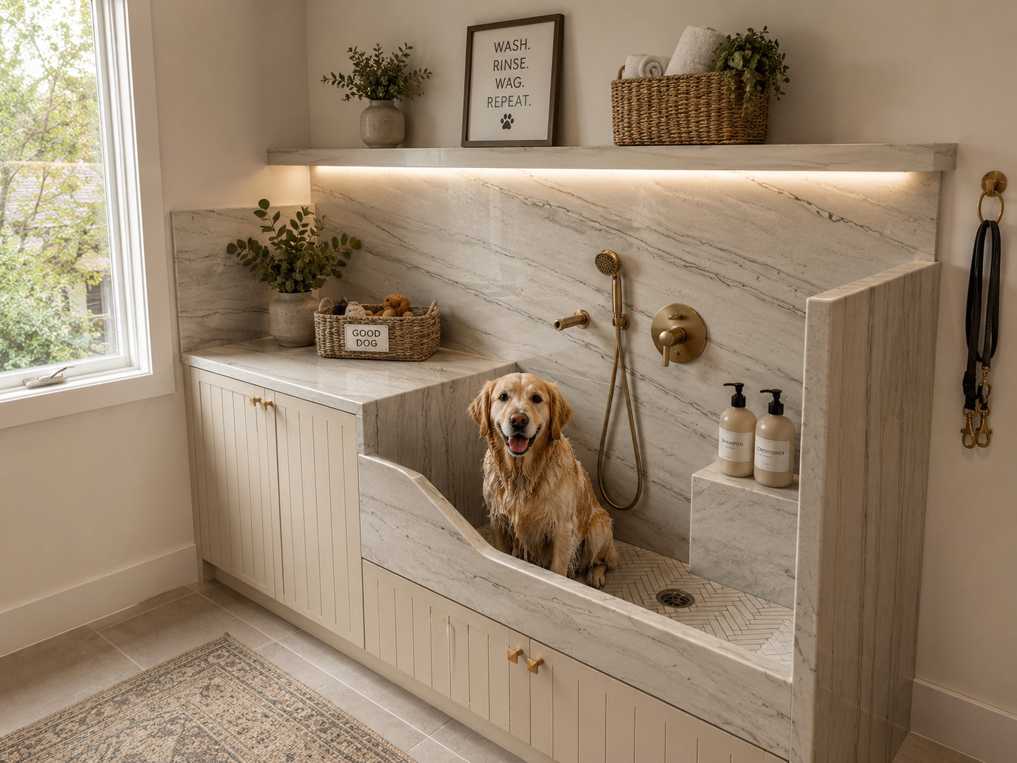 Dedicated pet washing station featuring a built-in basin, tiled backsplash, and brass-finish fixtures
