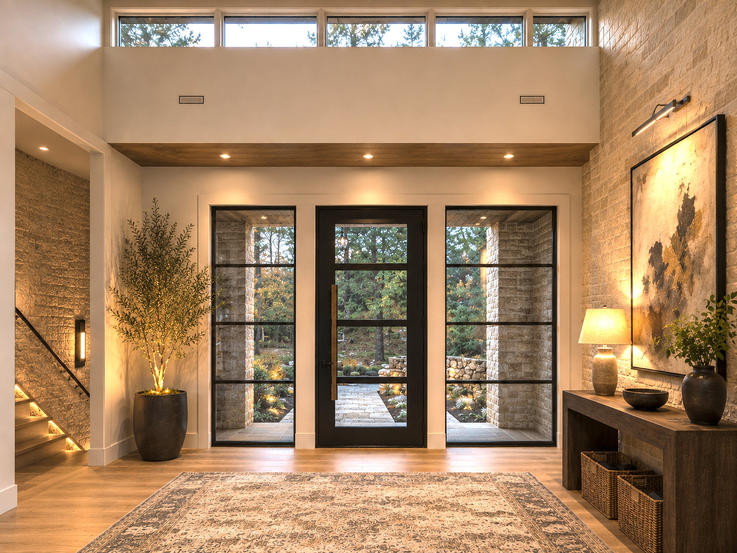 Double-height entry featuring a black multi-pane door and sidelights, transom windows, light brick accent walls, and light wood-finish flooring