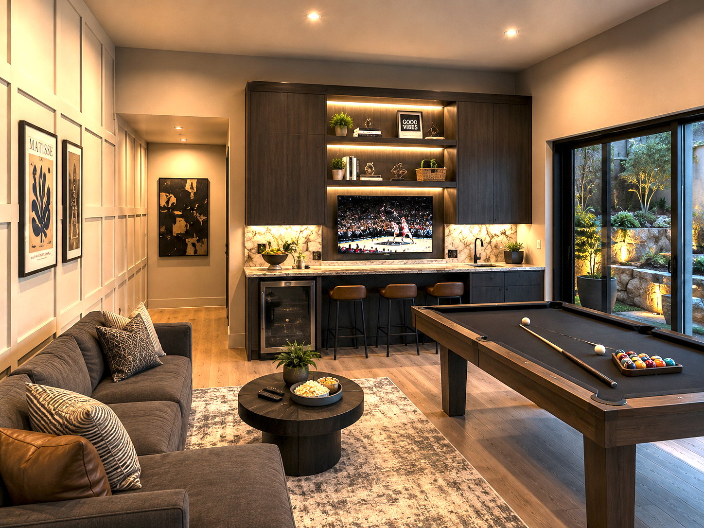 Entertainment space featuring wood-finish flooring, recessed lighting, and a board and batten accent wall