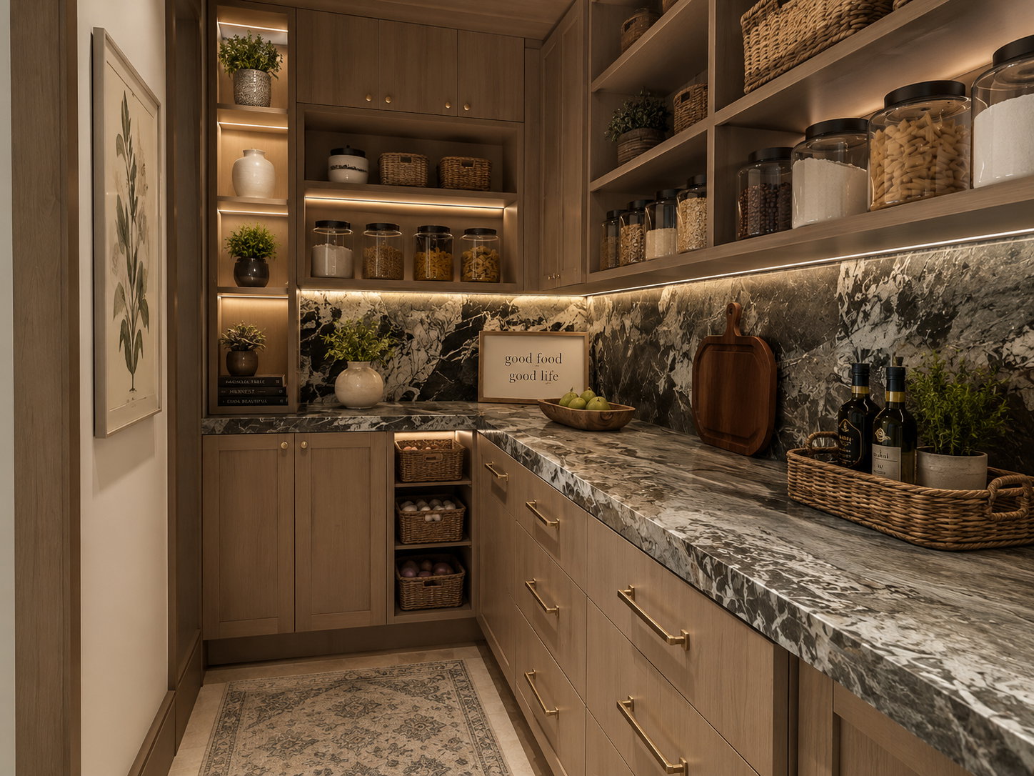 Custom pantry featuring wood-finish cabinetry, integrated shelving, and stone countertops