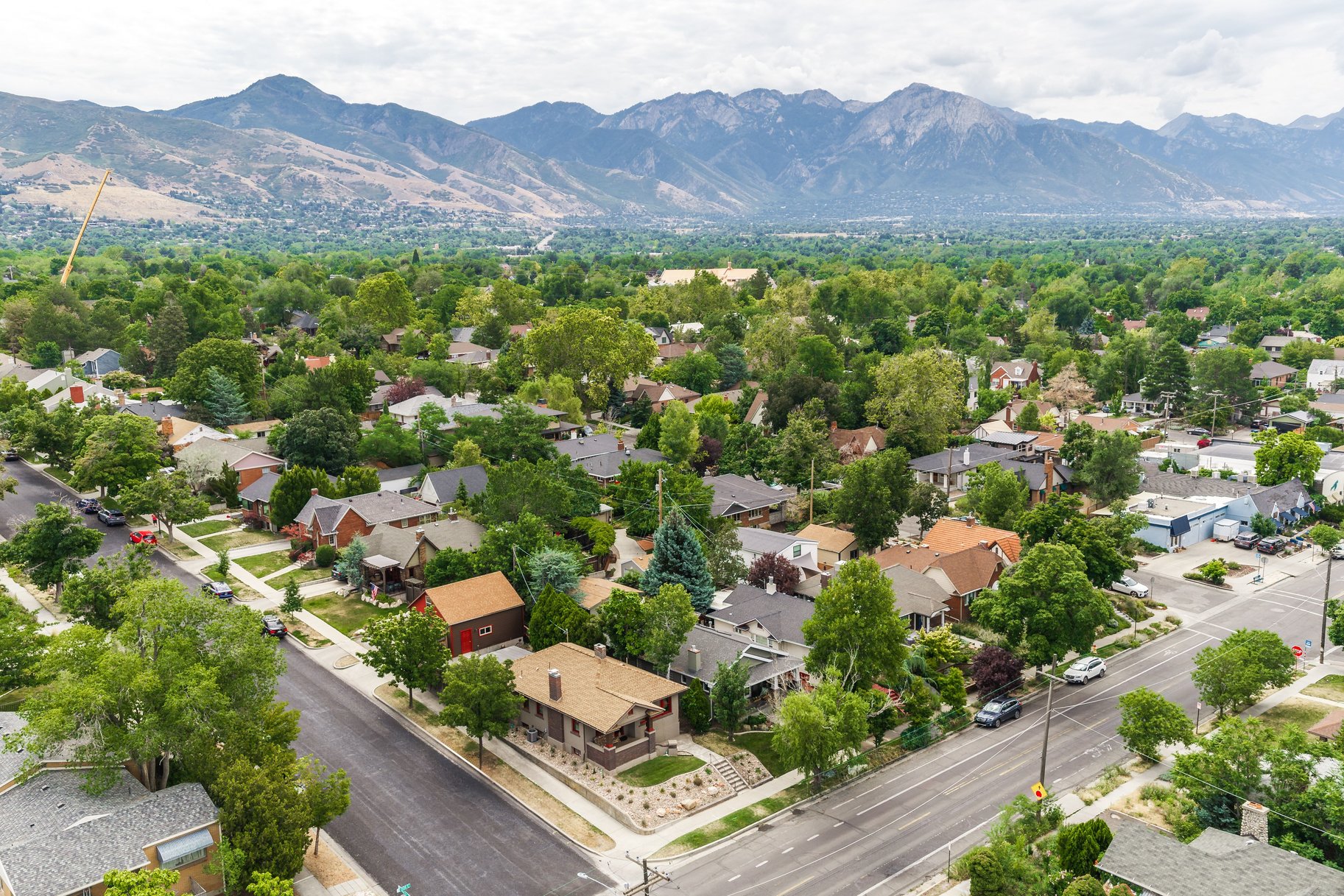 Residential area featuring a dense canopy of mature trees, paved streets, sidewalks, and a mountainous backdrop