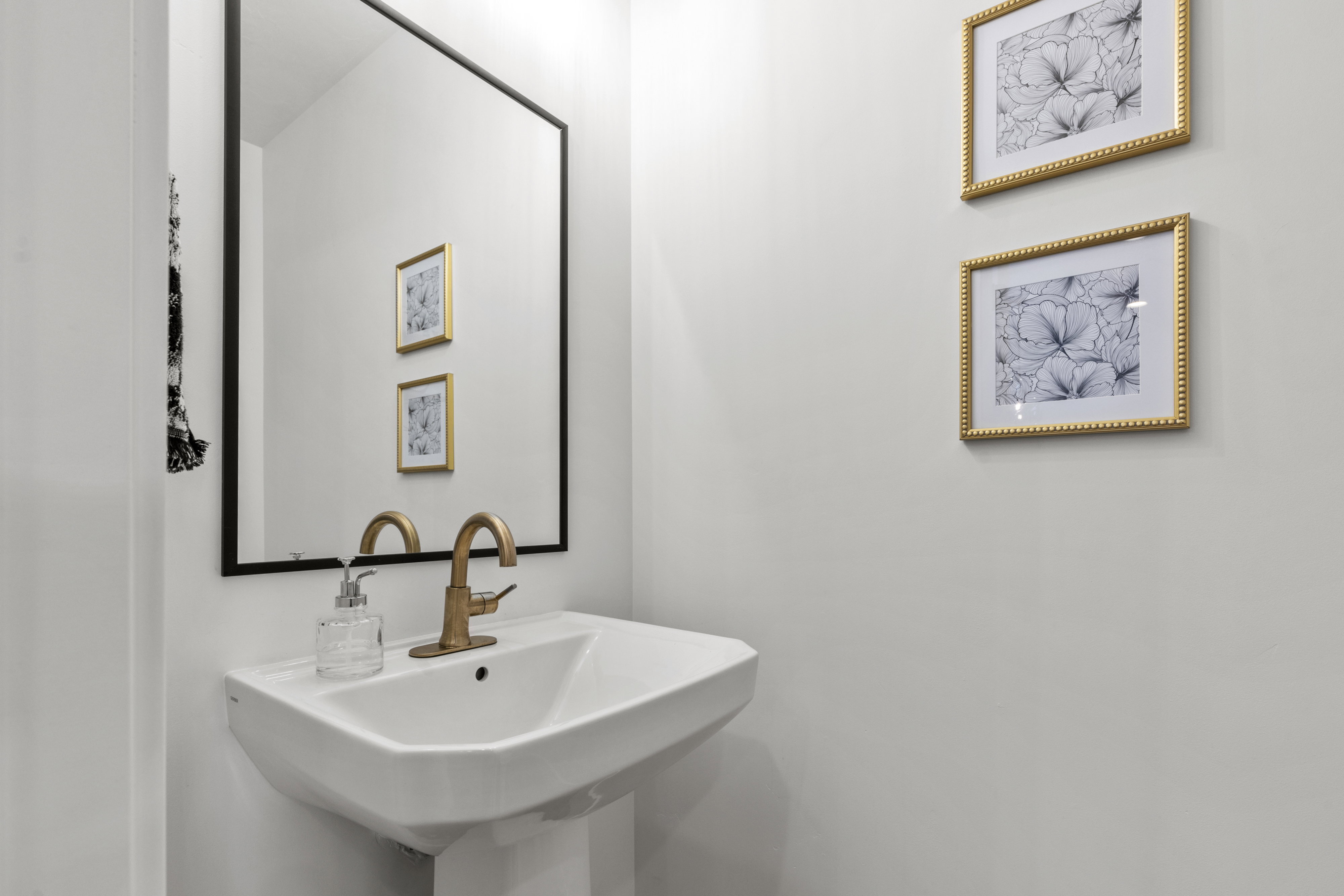 Pedestal sink with brass-finish faucet, framed by a rectangular mirror with a black frame