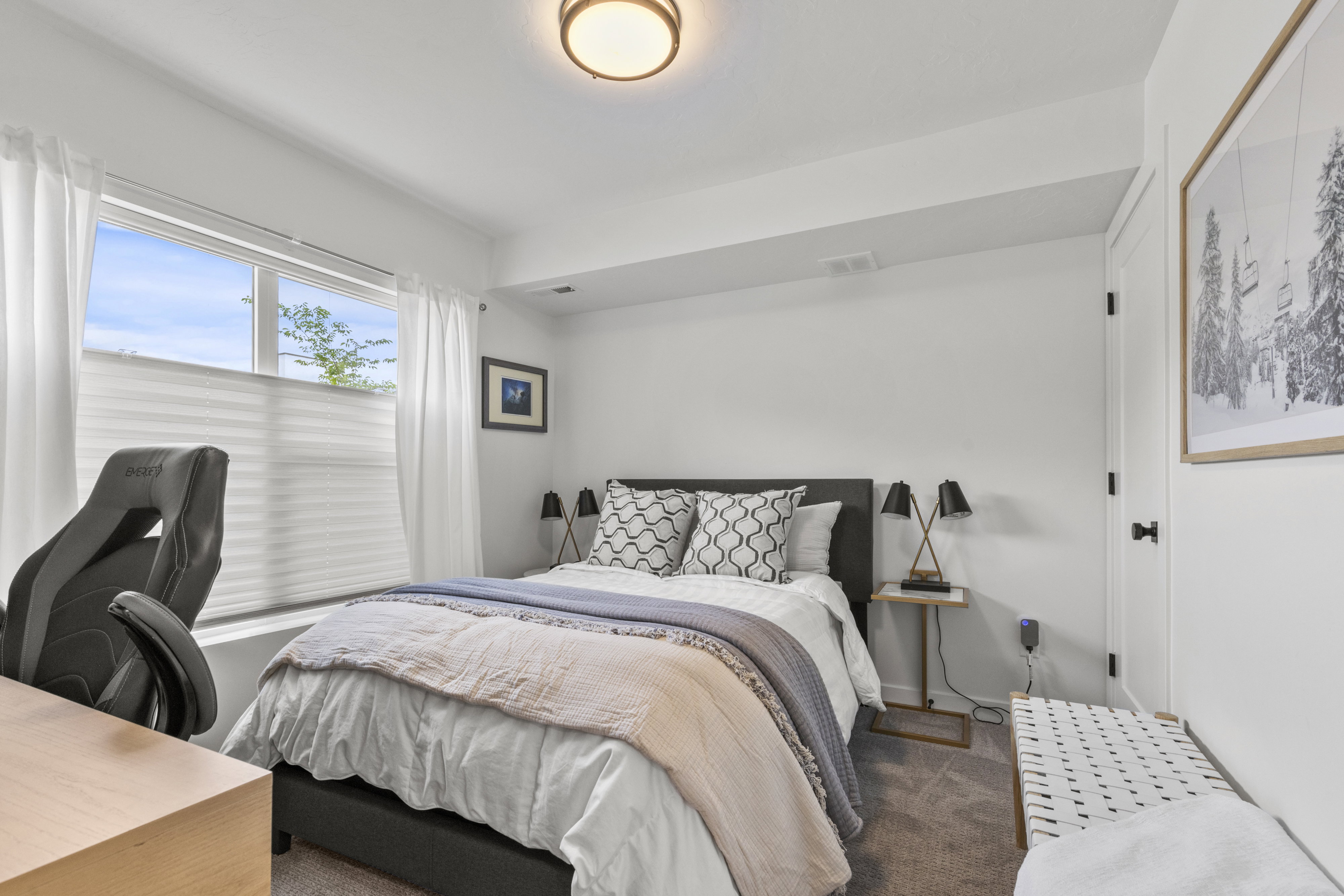 Bright bedroom featuring light-colored walls and plush carpeting