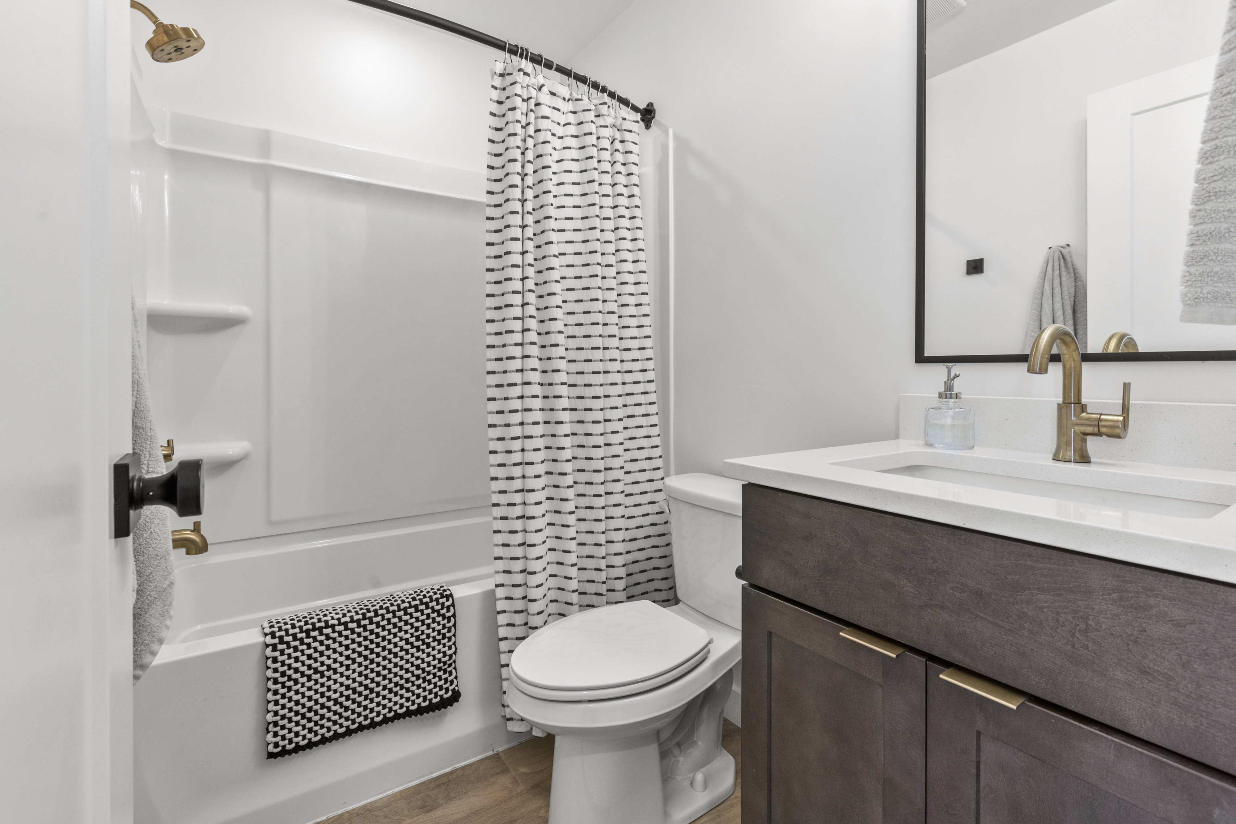 White tub and shower combination with a black rod