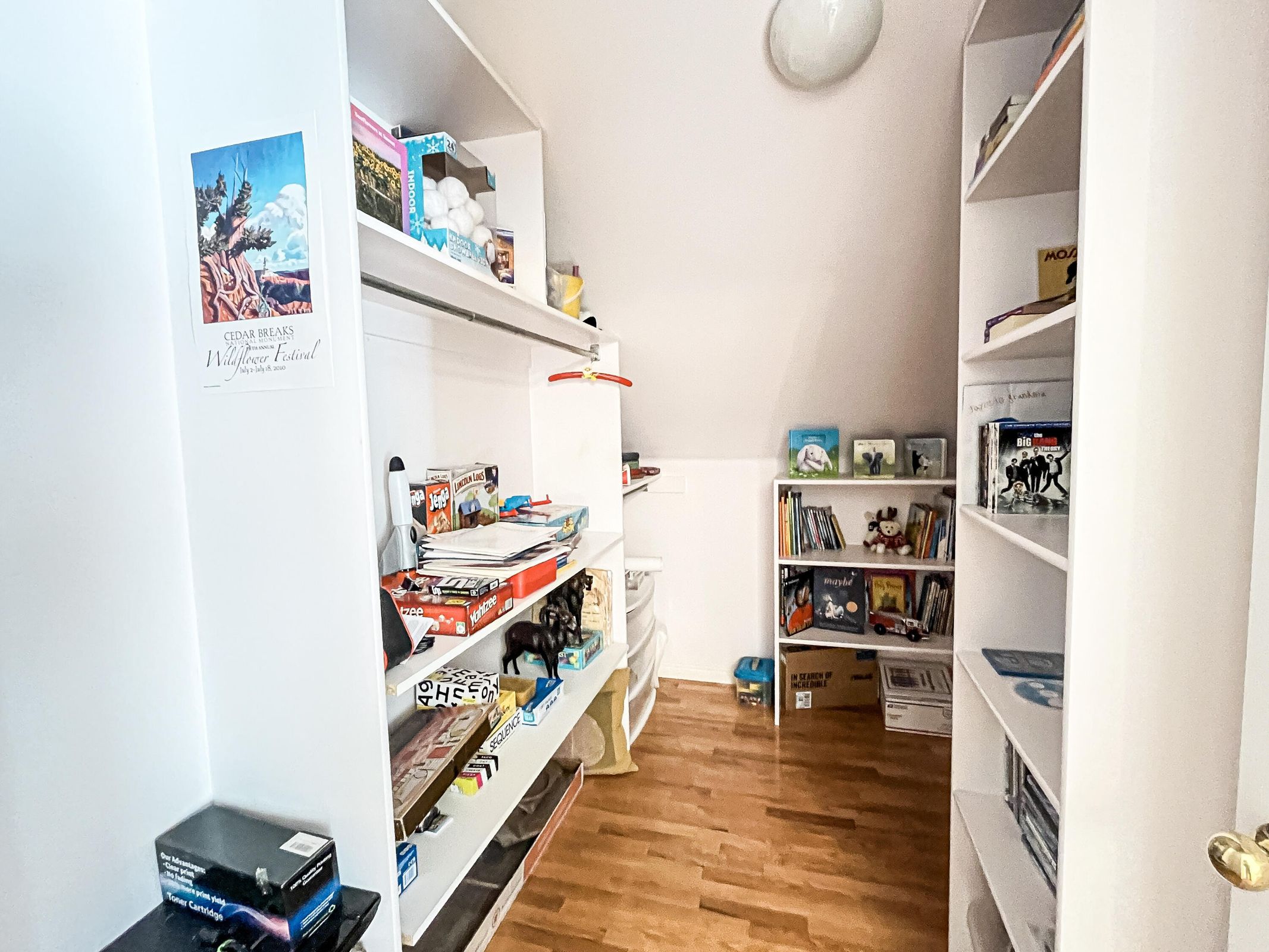 Custom built-in shelving featuring ample storage, recessed lighting, and wood-finish flooring