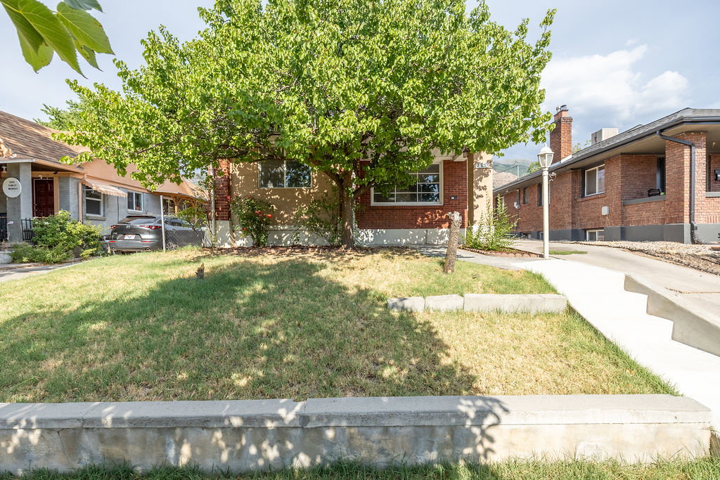 Brick and stucco exterior featuring a mature shade tree, a concrete driveway, and a front lawn with concrete curbing