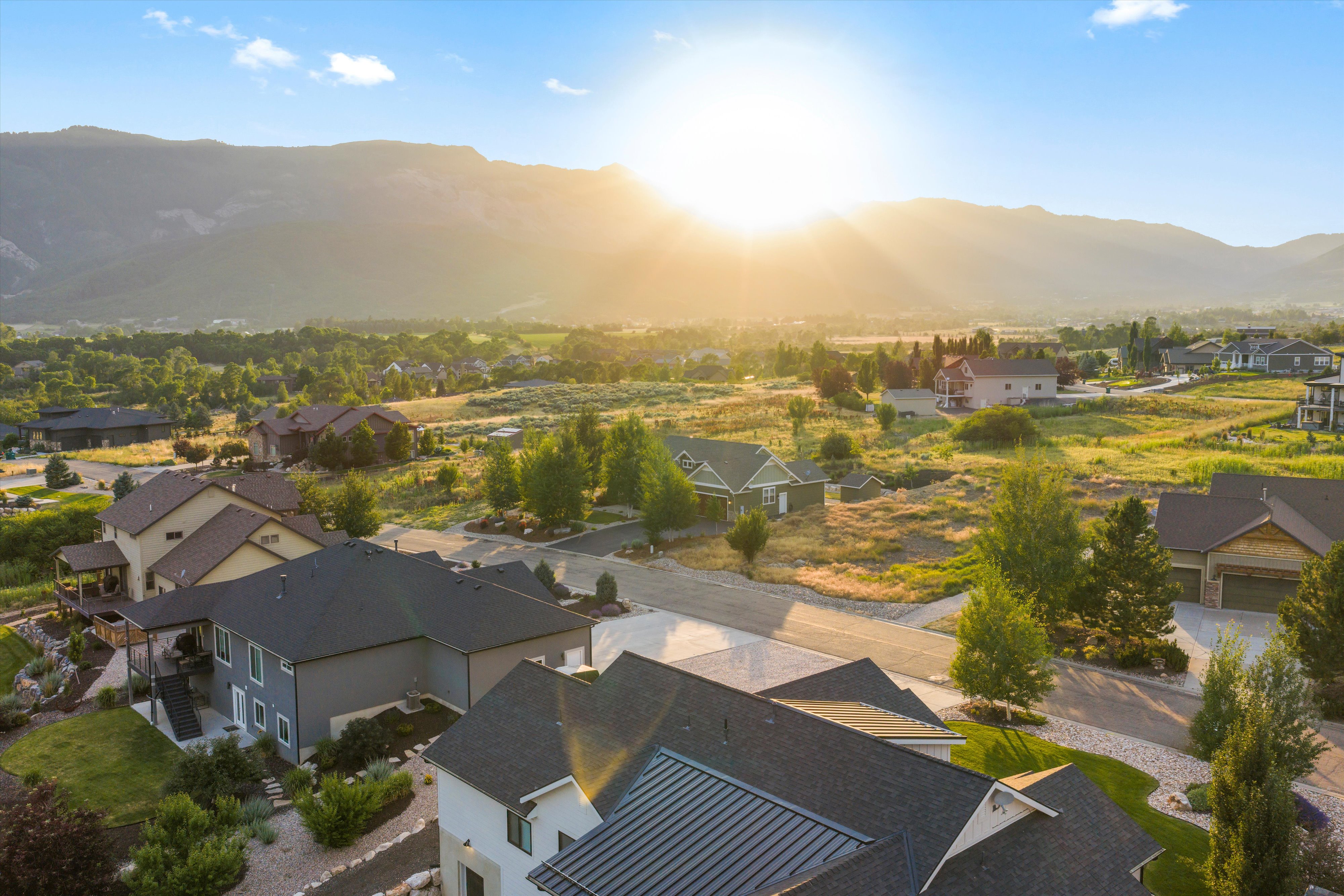 Residential community featuring multiple properties with varied architectural styles and dark-toned roofing