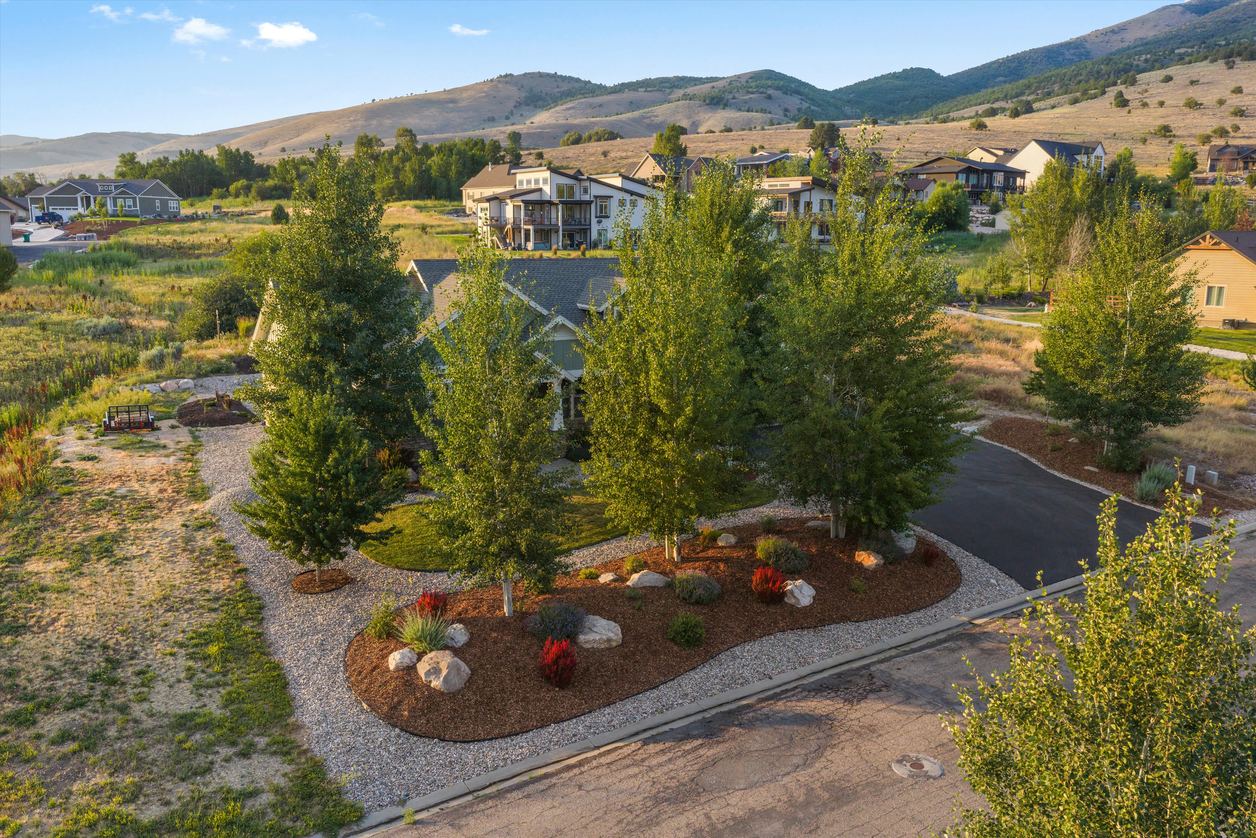 Front exterior featuring a landscaped entry with mature trees, decorative rocks, and a paved driveway