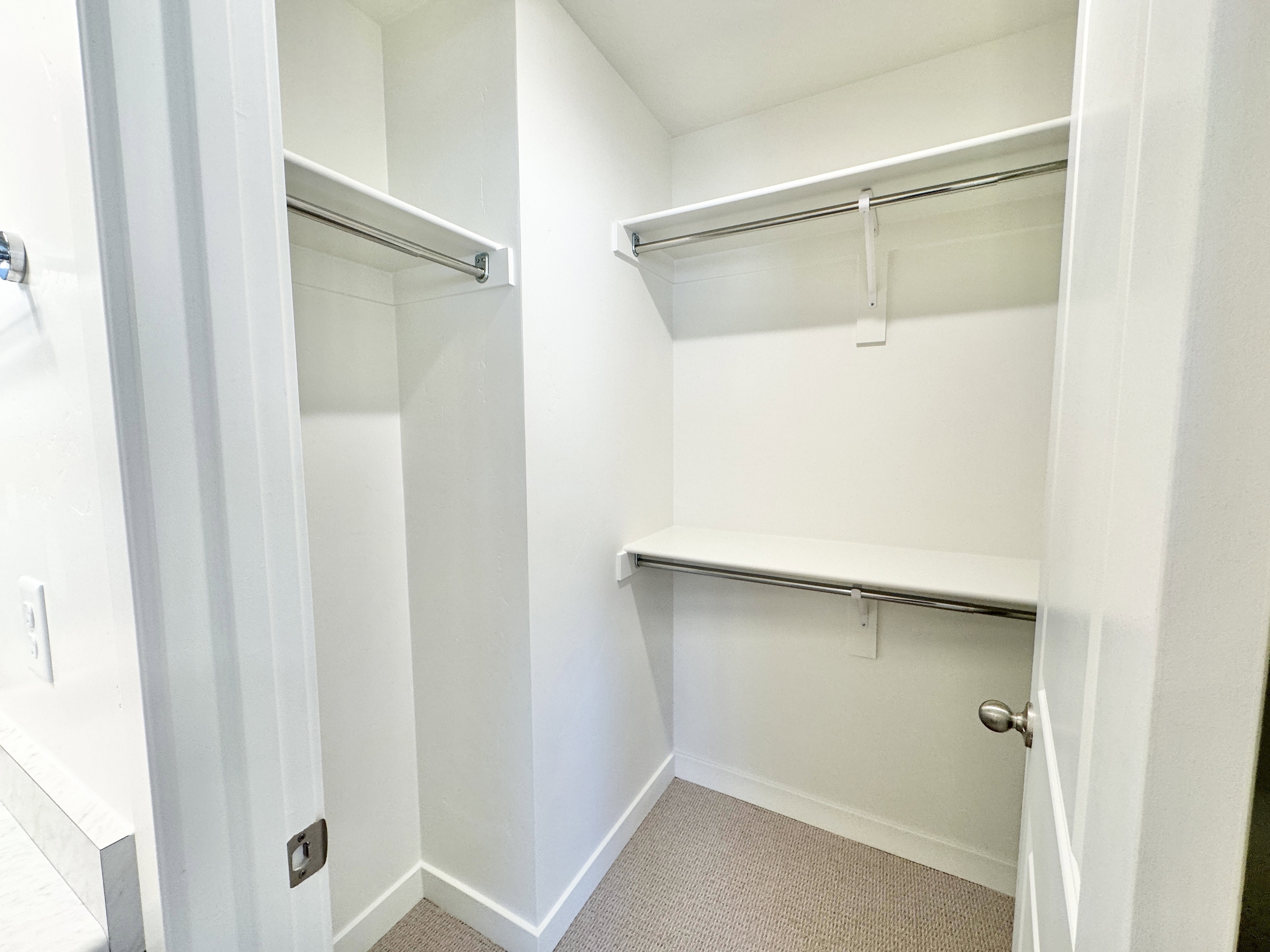 Walk-in closet featuring light-colored carpeting, white baseboards, and bright white walls