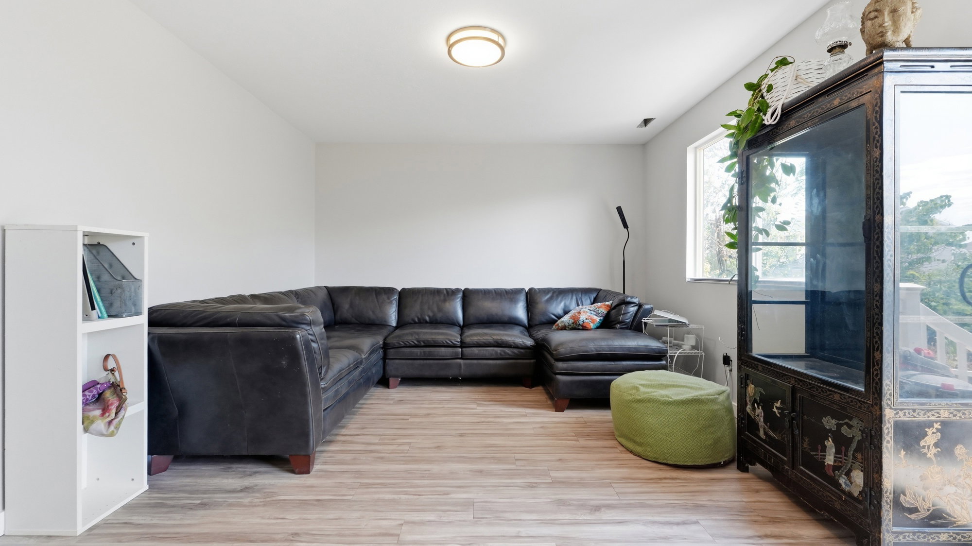Bright living area featuring wood-finish flooring, white walls, and a contemporary flush-mount ceiling light