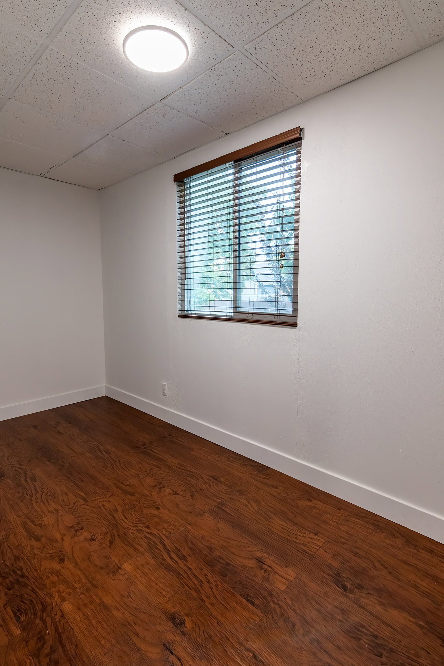 Windowed room with wood-finish flooring, white baseboards, and a drop ceiling with recessed lighting