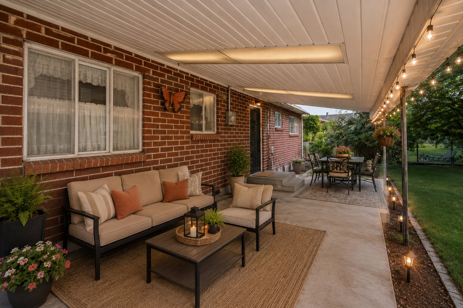 Virtually staged amazing covered patio for outdoor entertaining. Faces East so always shady!