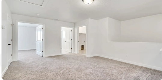 Spacious carpeted bonus room featuring neutral wall tones, multiple doorways, a half-wall partition, and ceiling-mounted lighting. This home is under construction, the pictures are of a similar home