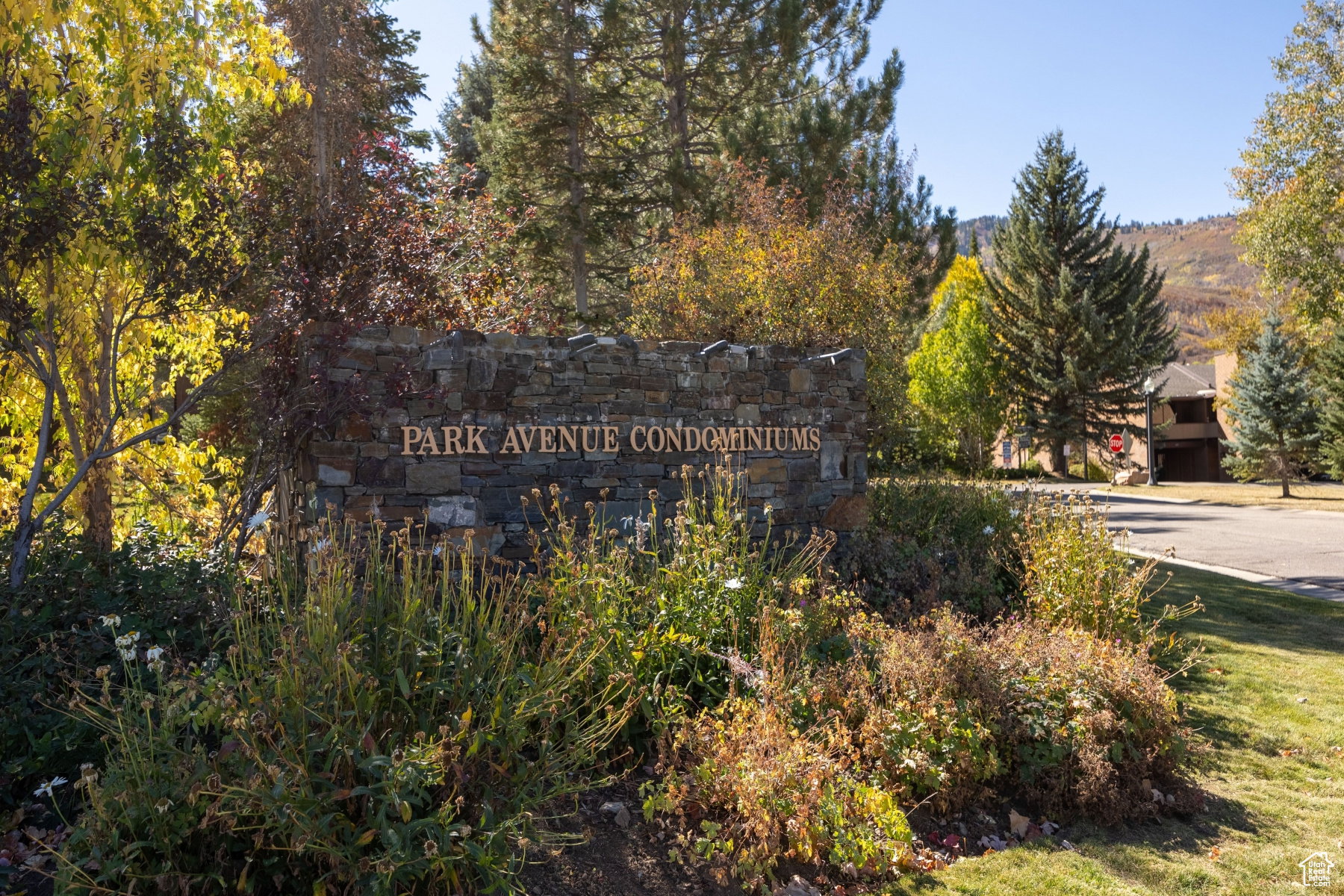Stone-clad entry monument with raised lettering