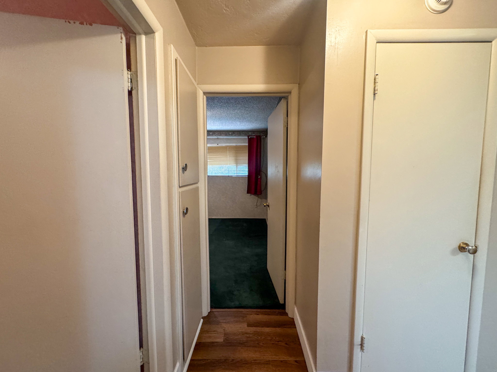 Hallway featuring wood-finish flooring, light-toned wall paint, and multiple white doors