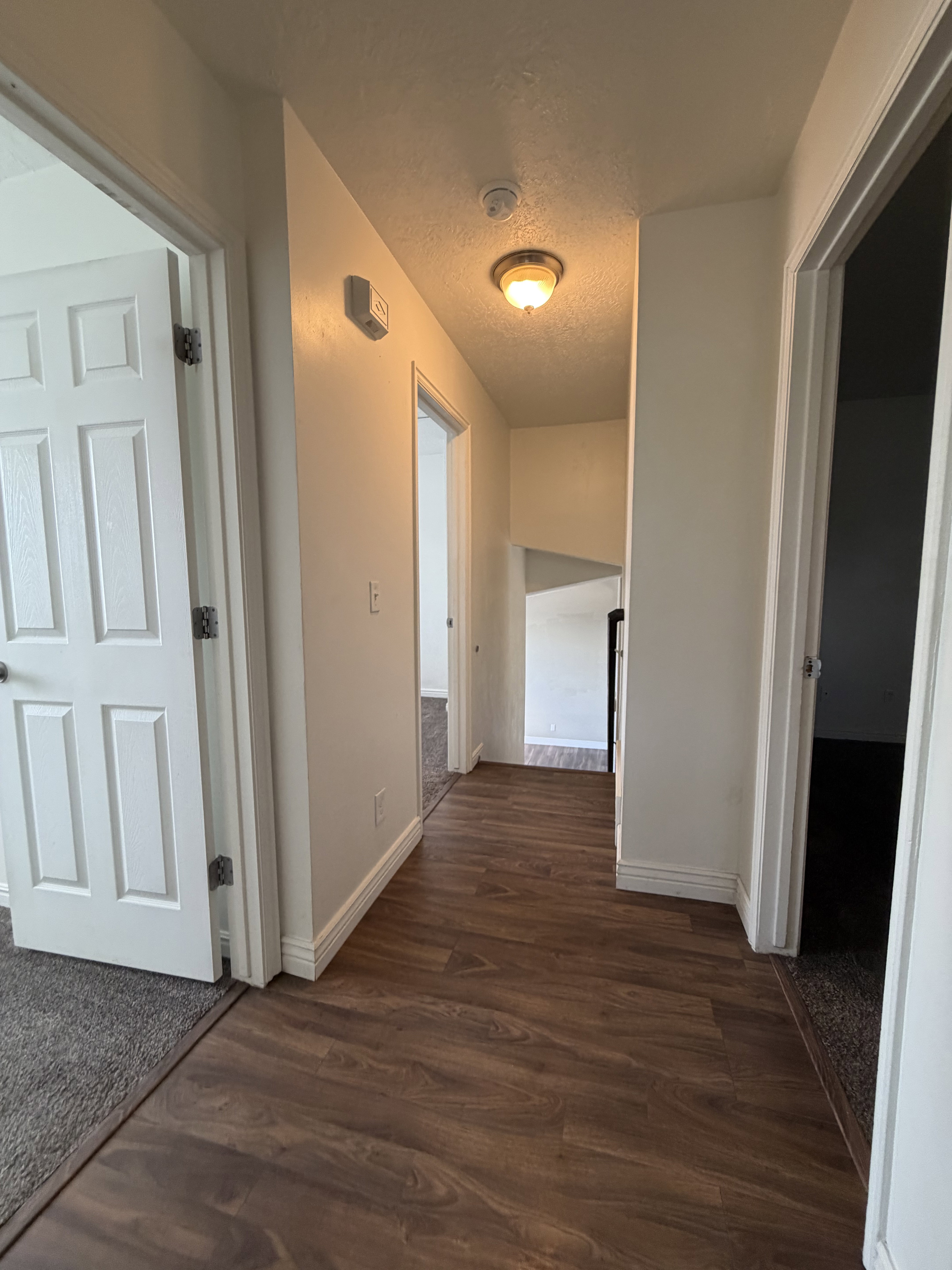 Entryway featuring wood-finish flooring, white baseboards, and a semi-flush mount ceiling light