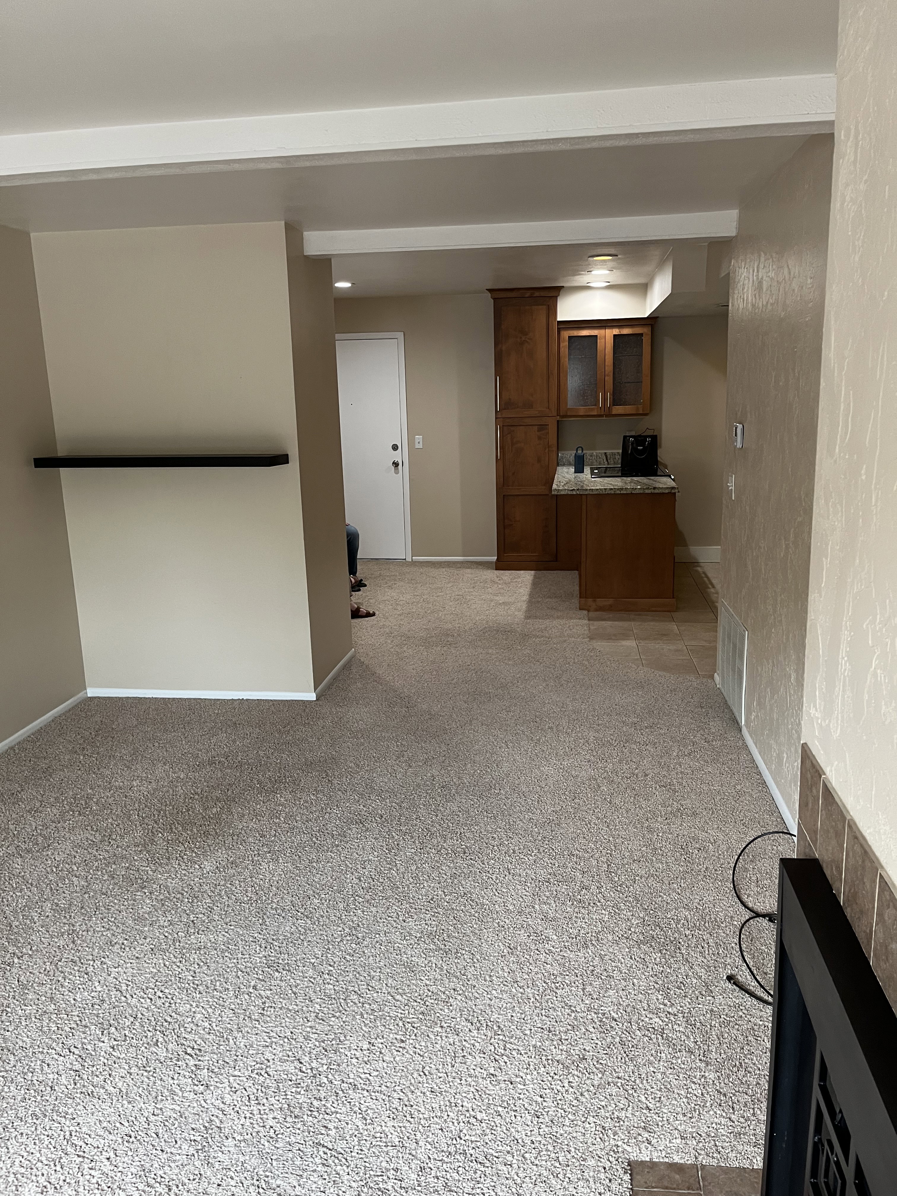 Open-concept living space with light-toned carpeting and neutral wall colors