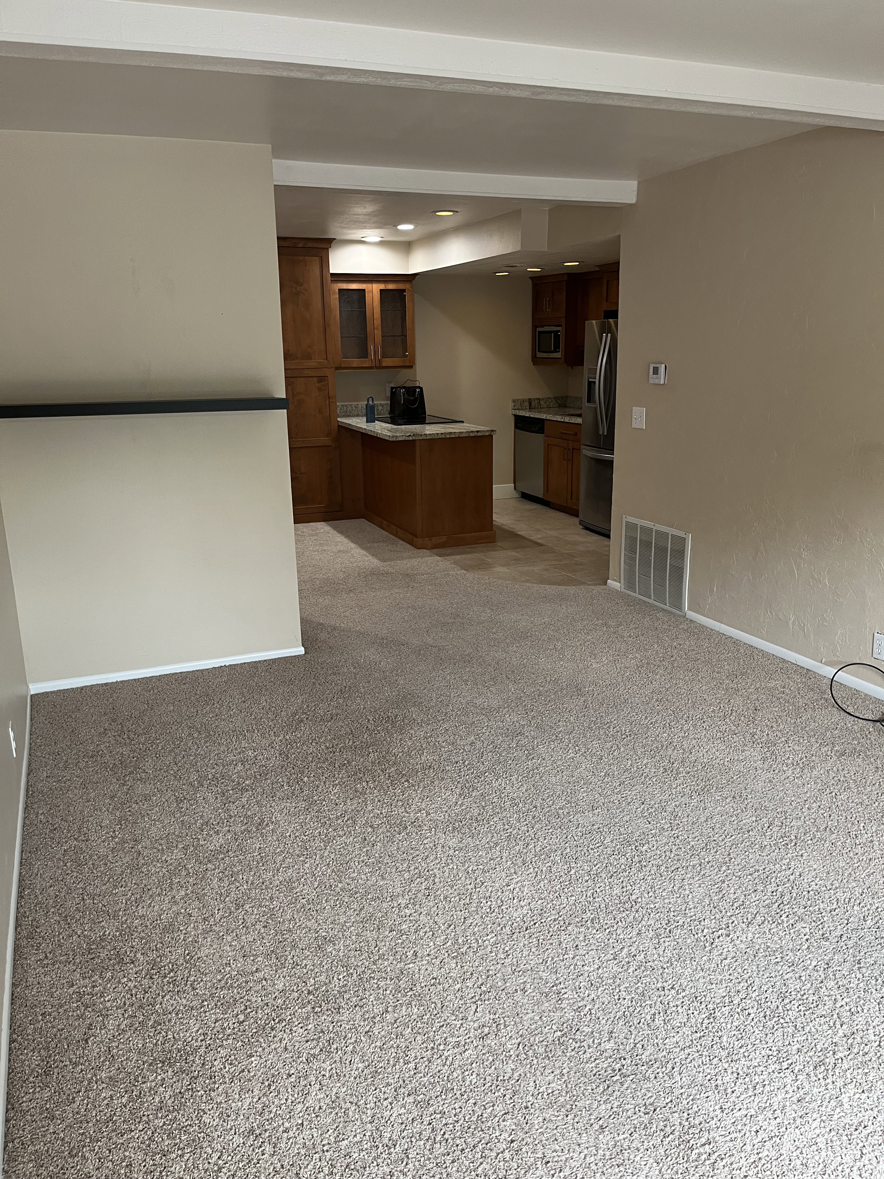 Open-concept living space featuring neutral-toned walls, plush carpet flooring, and recessed lighting
