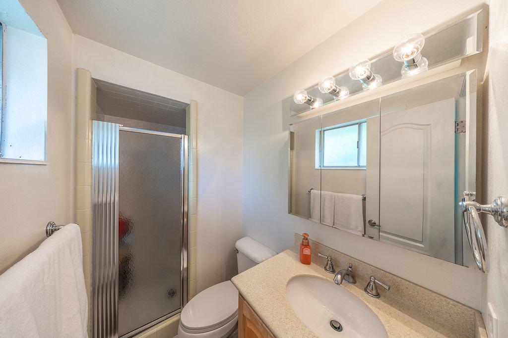 Master bathroom featuring a built-in shower with sliding frosted glass doors, a vanity with a light-toned countertop and integrated sink, a wall-mounted mirror cabinet, and a five-bulb vanity light fixture