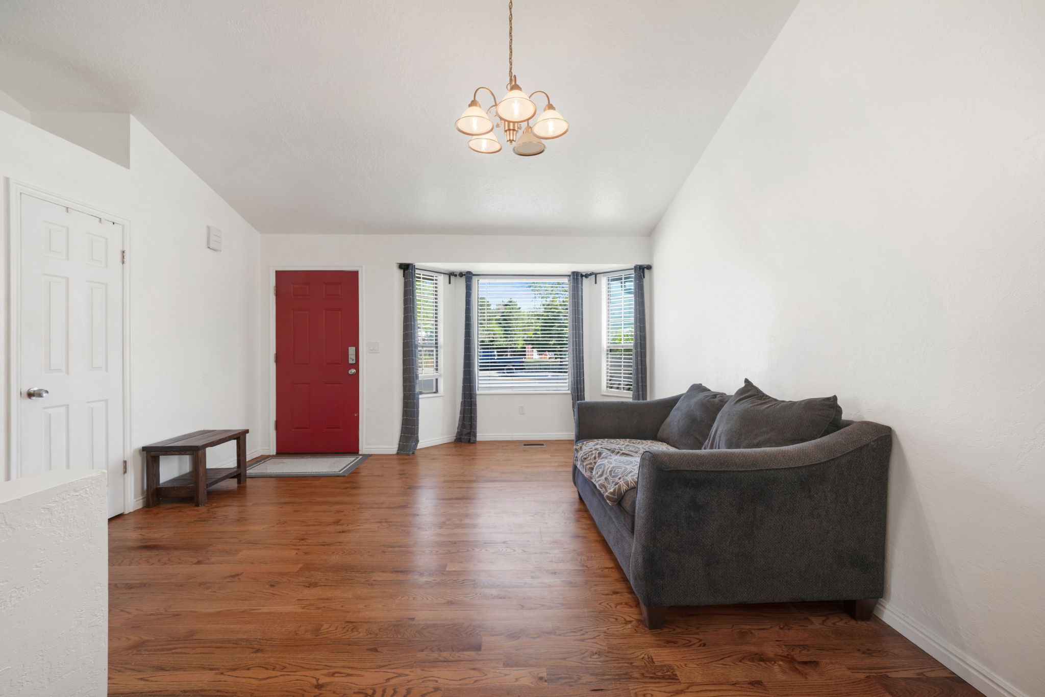 Spacious living area featuring wood-finish flooring, a bright red entry door, a bay window with blinds, and a ceiling-mounted light fixture
