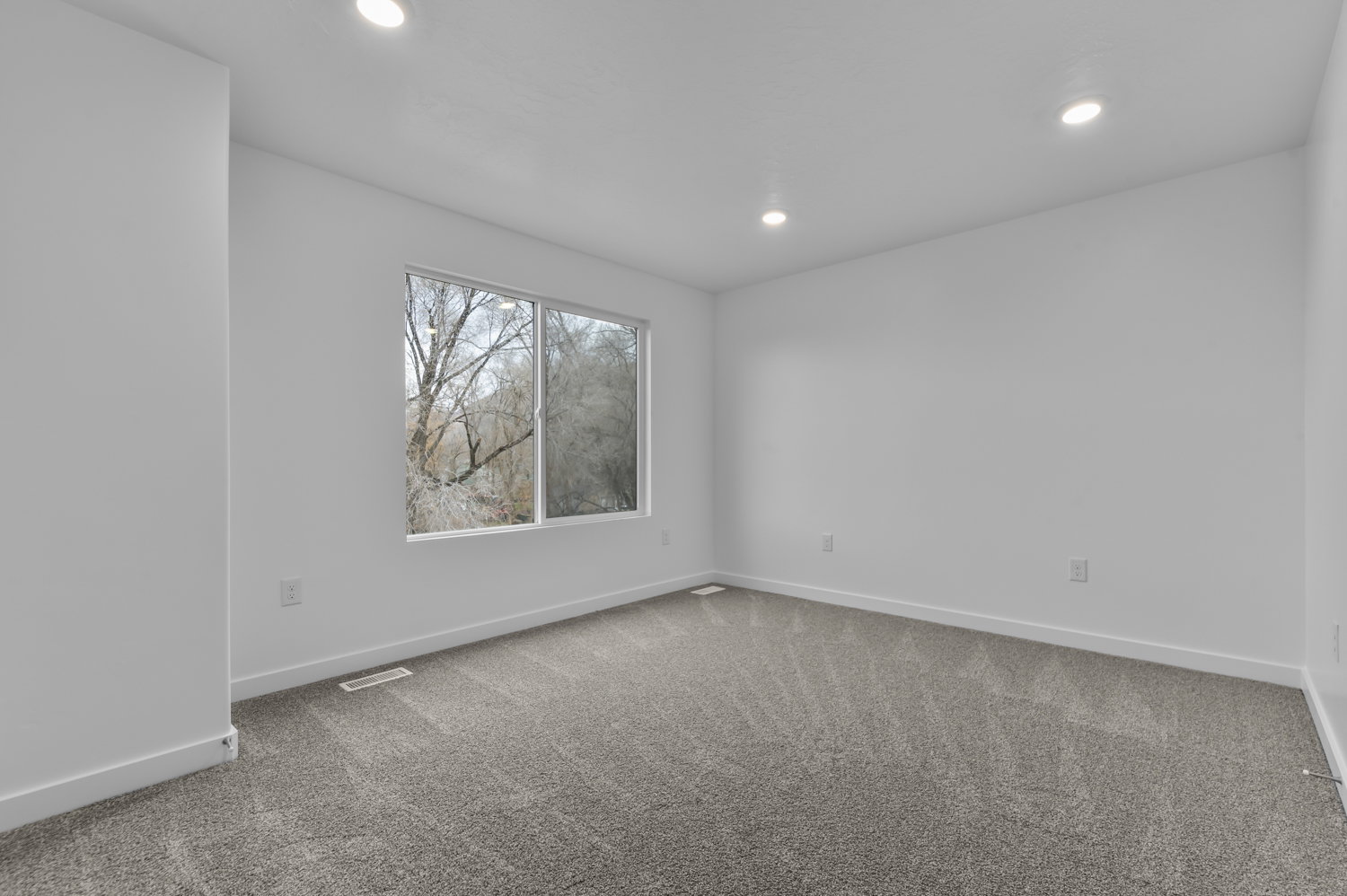 Spacious room featuring neutral carpeting, white walls, recessed ceiling lighting, and a prominent window with a natural backdrop