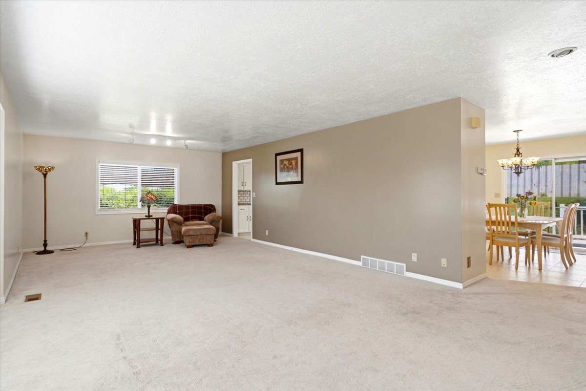 Expansive carpeted room with neutral wall tones and a large window