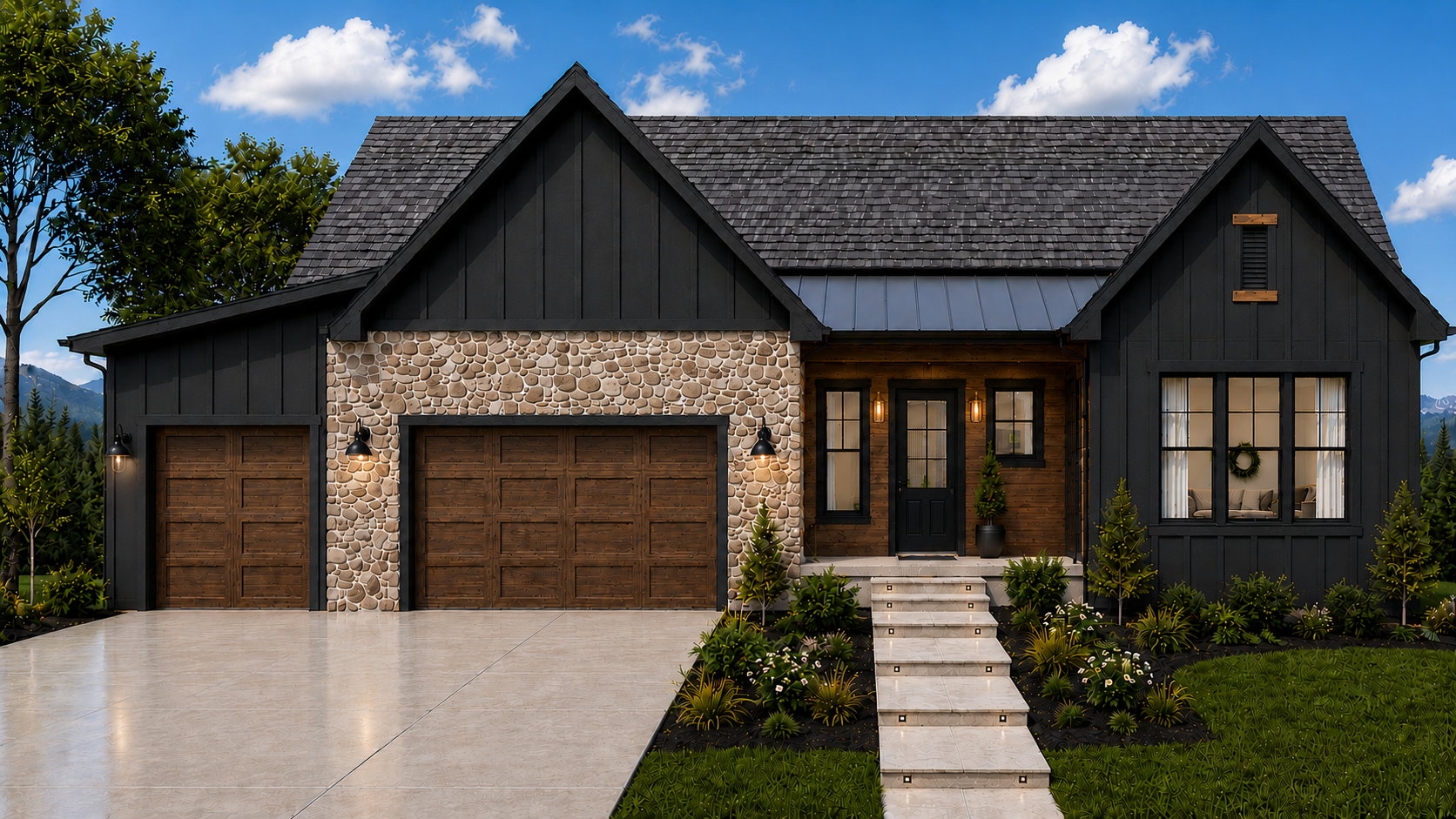 Modern farmhouse exterior featuring black vertical siding and stone accents