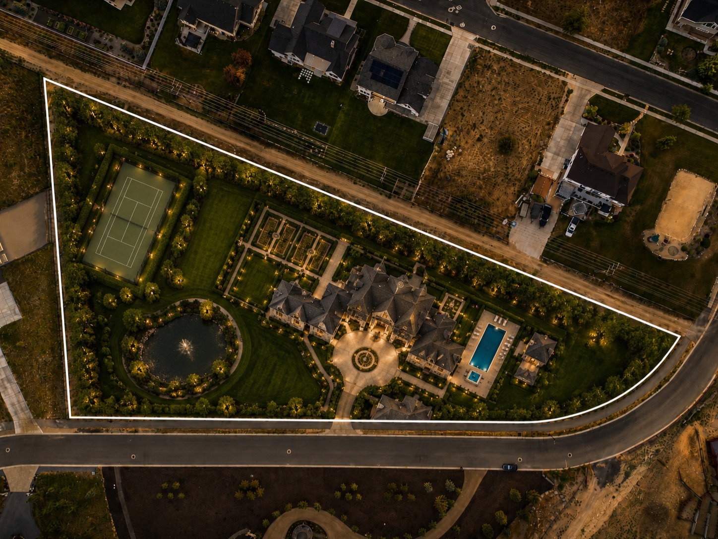 Example of what could be built: Expansive estate featuring a central residence, a tennis court, a swimming pool, a circular driveway, and a large ornamental pond with a fountain