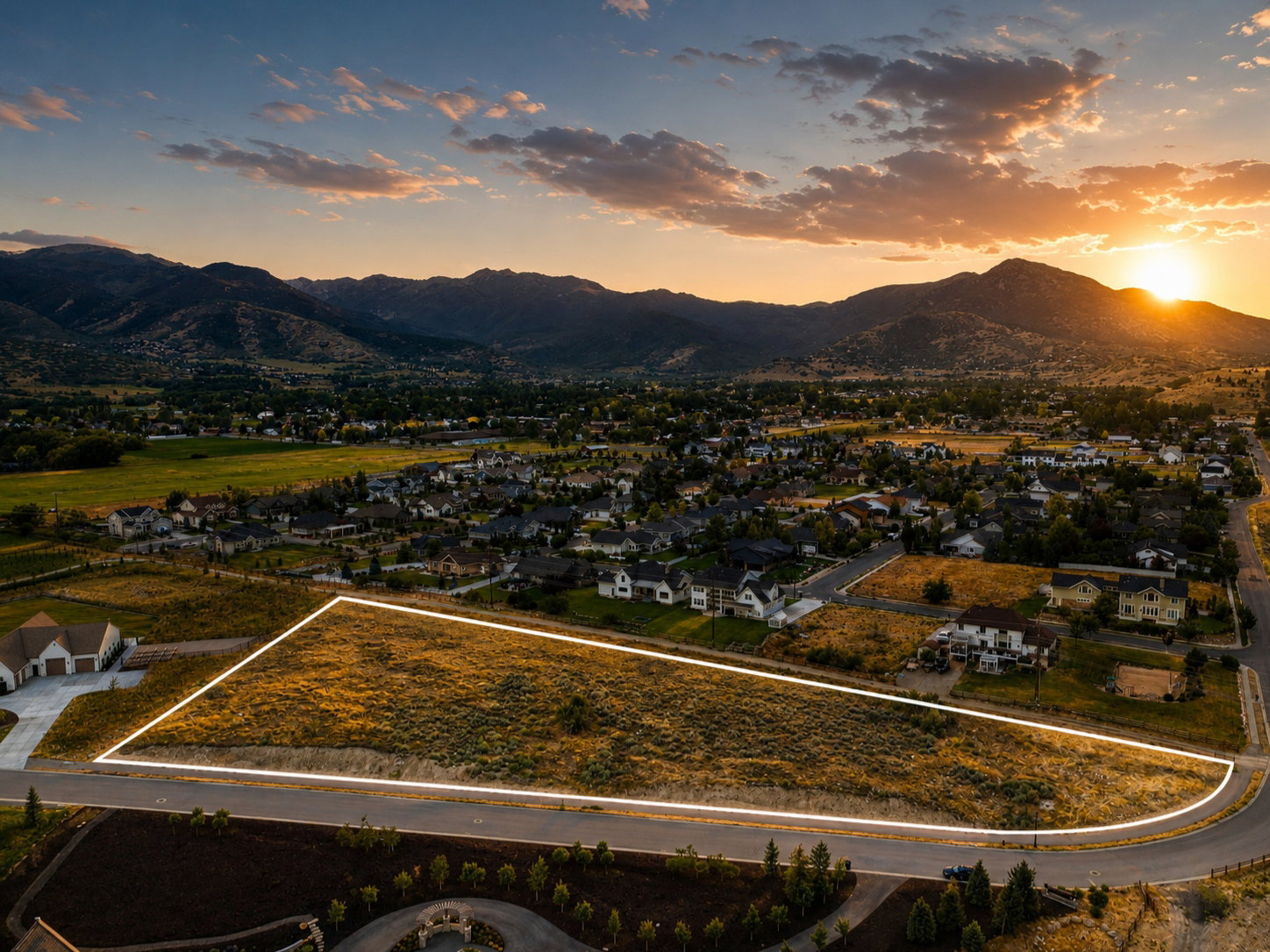 Expansive residential lot outlined, featuring natural ground cover, a paved street frontage, and surrounding established homes