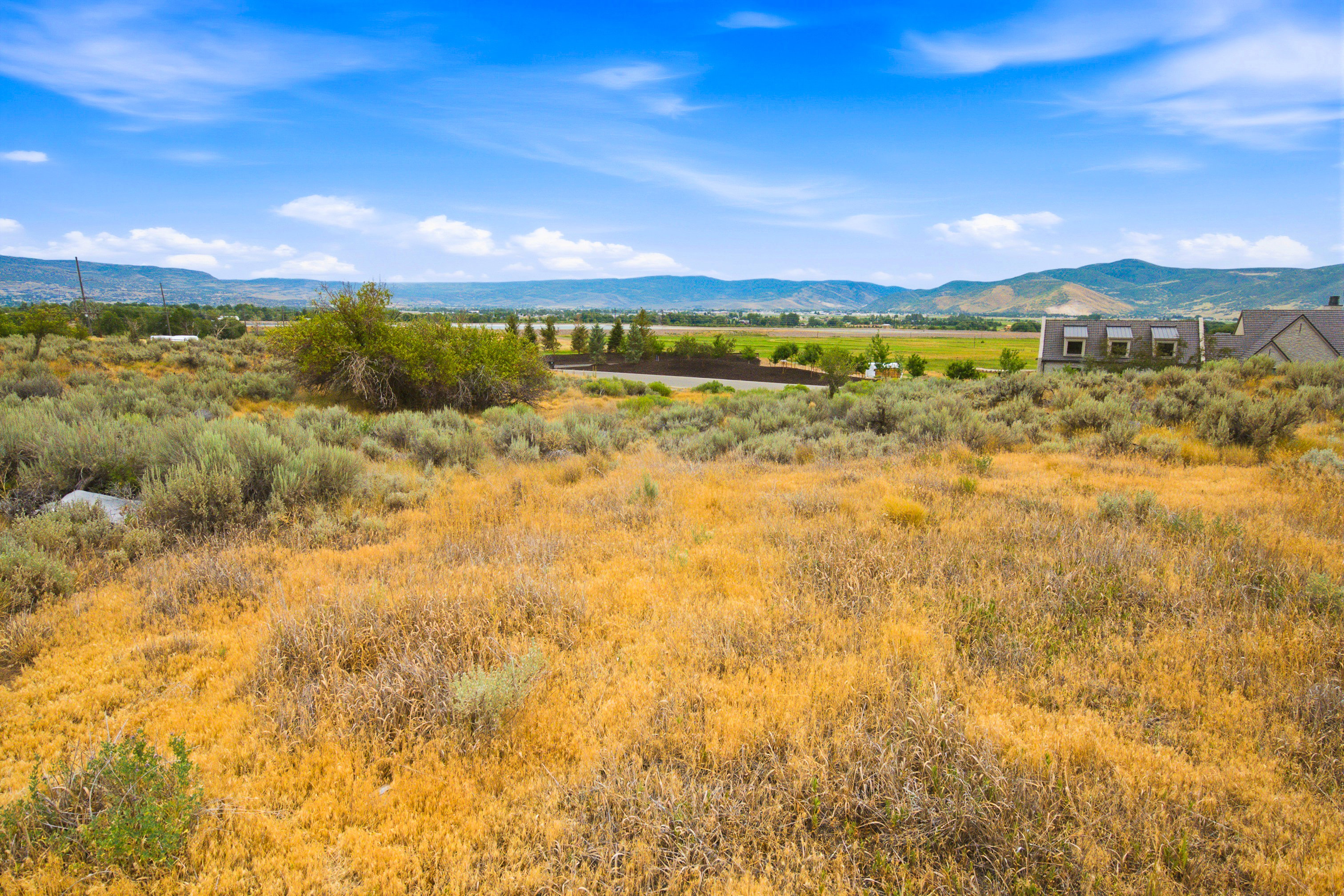 Expansive undeveloped lot featuring varied natural vegetation and distant mountain ranges