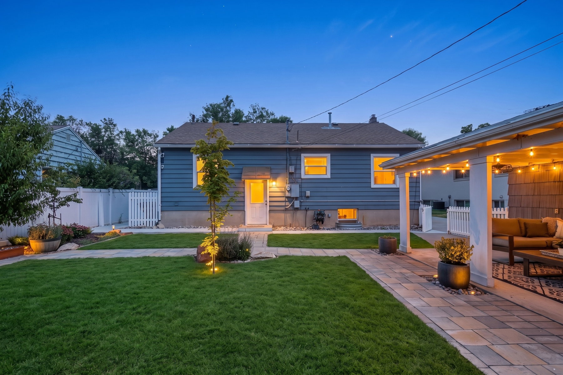 Manicured backyard featuring a covered patio with string lighting, paver pathways, a privacy fence, and mature landscaping