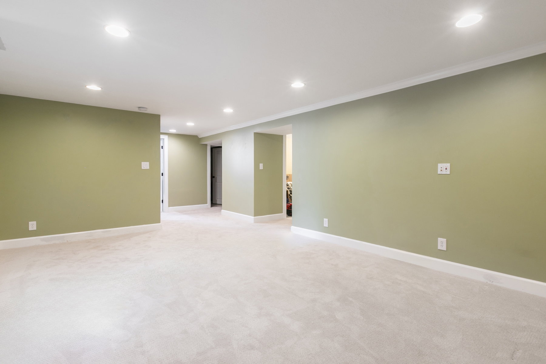Spacious room featuring light olive walls, white trim, recessed lighting, and light-colored carpeting