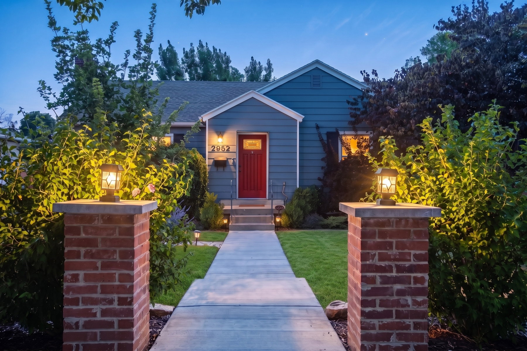 Charming facade with blue siding and a vibrant red entry door