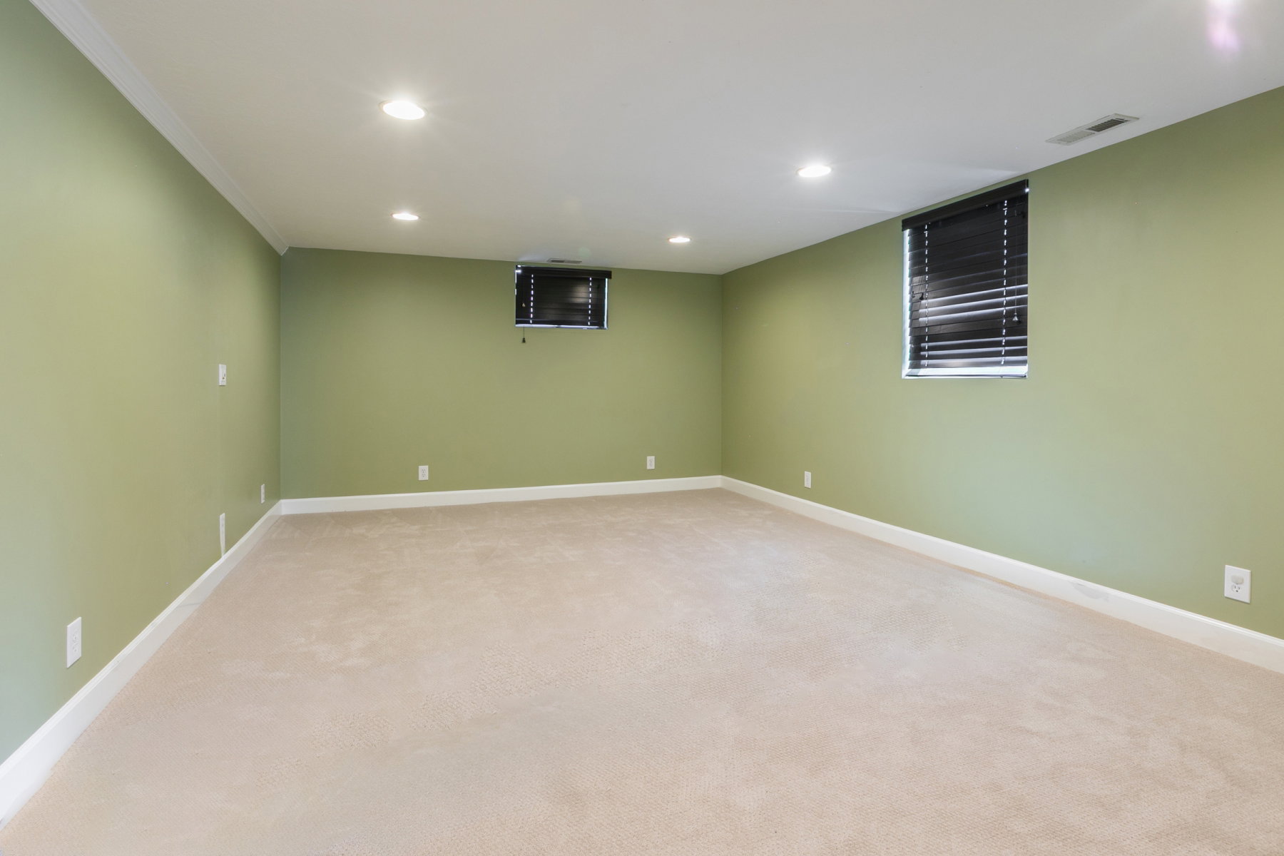 Spacious room featuring light green walls, a light-colored carpet, and white crown molding