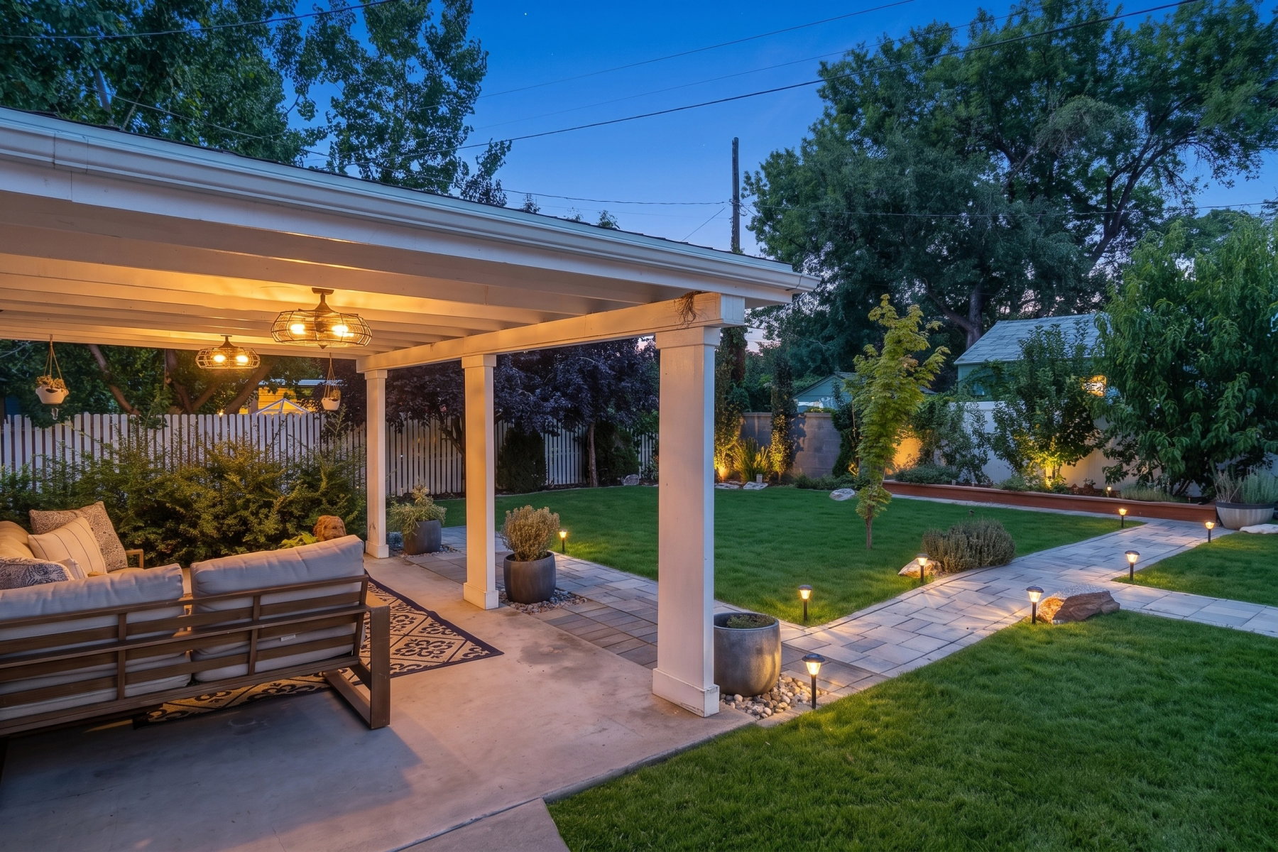 Covered patio with exposed beam ceiling and two ceiling-mounted fixtures