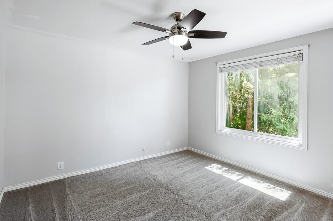 Room featuring a ceiling fan with integrated lighting, gray carpet, and a large window