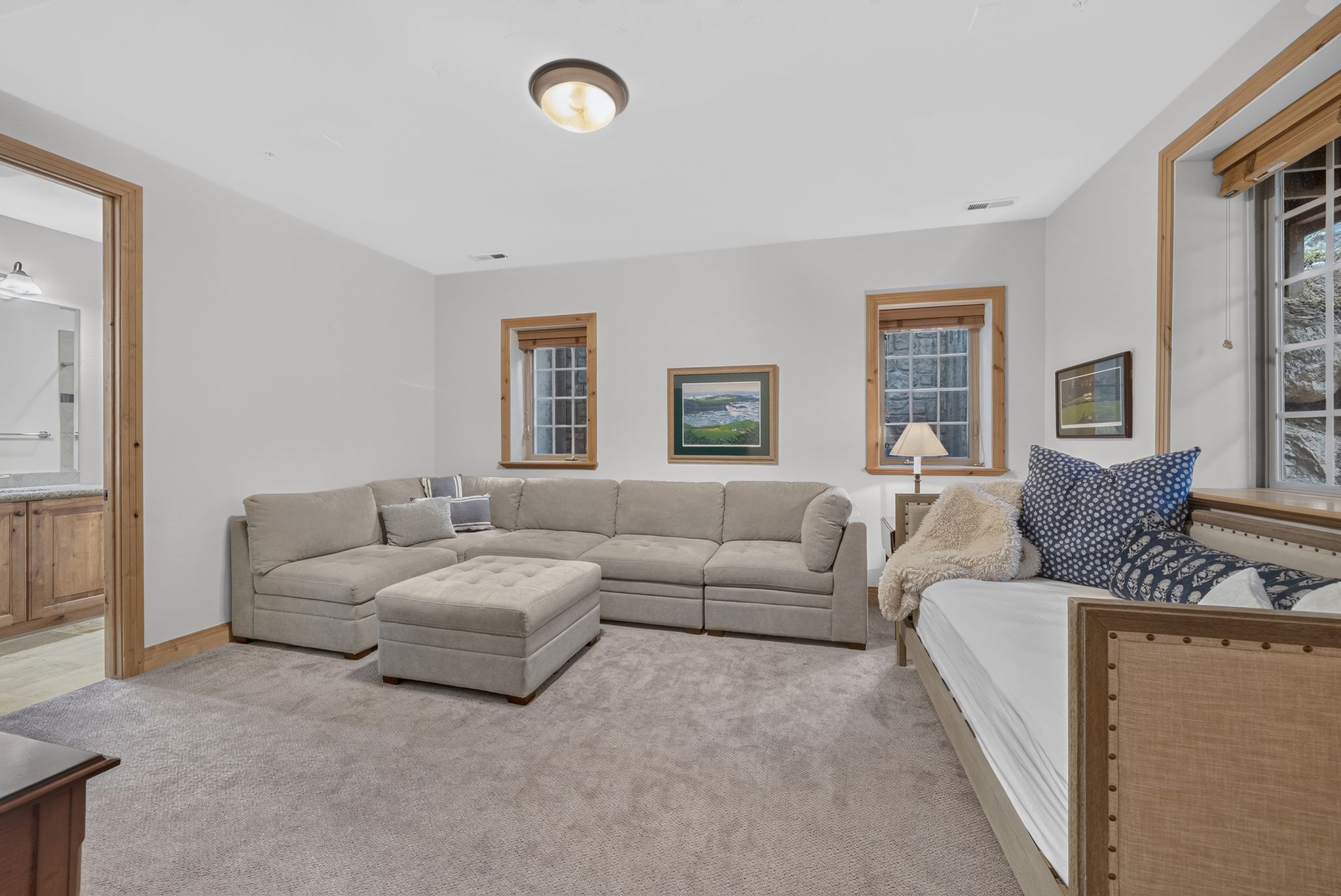 Carpeted recreation room featuring white walls, three windows with natural wood trim, and a flush-mount ceiling light