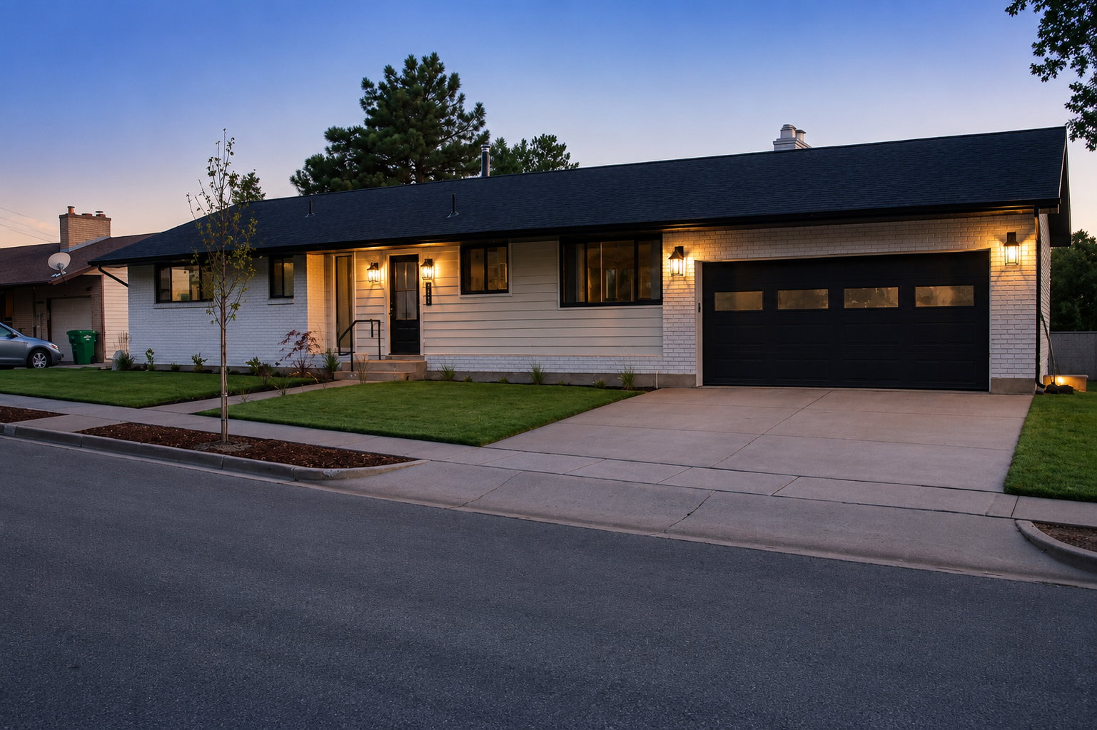 Ranch-style exterior featuring white horizontal siding and painted brick accents