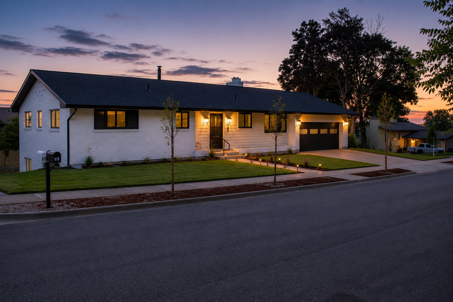 Modern ranch-style home featuring a white brick and siding exterior, black roof, and matching black garage door