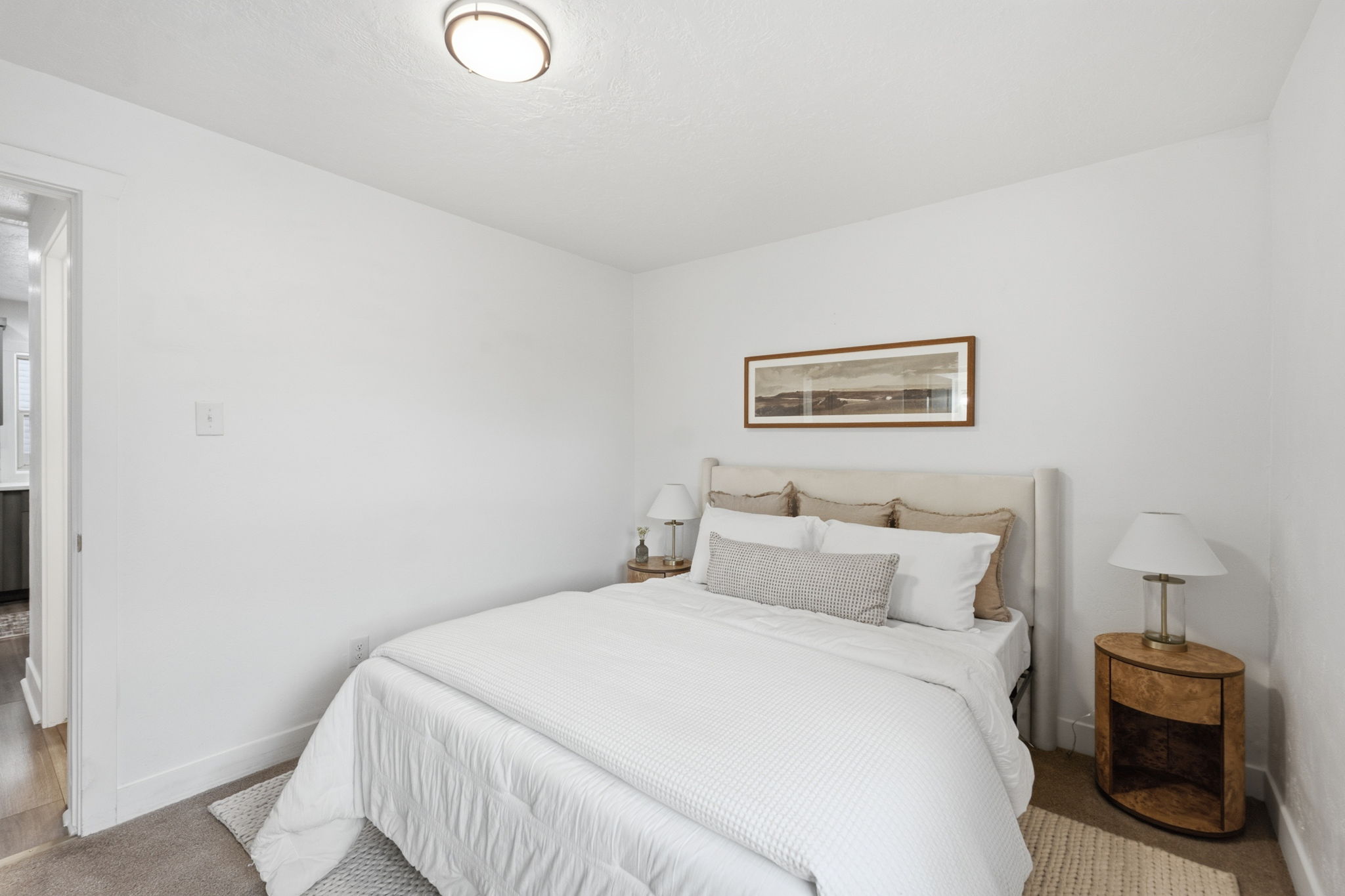 Bright bedroom featuring a flush-mount ceiling light, white walls, and a neutral carpet