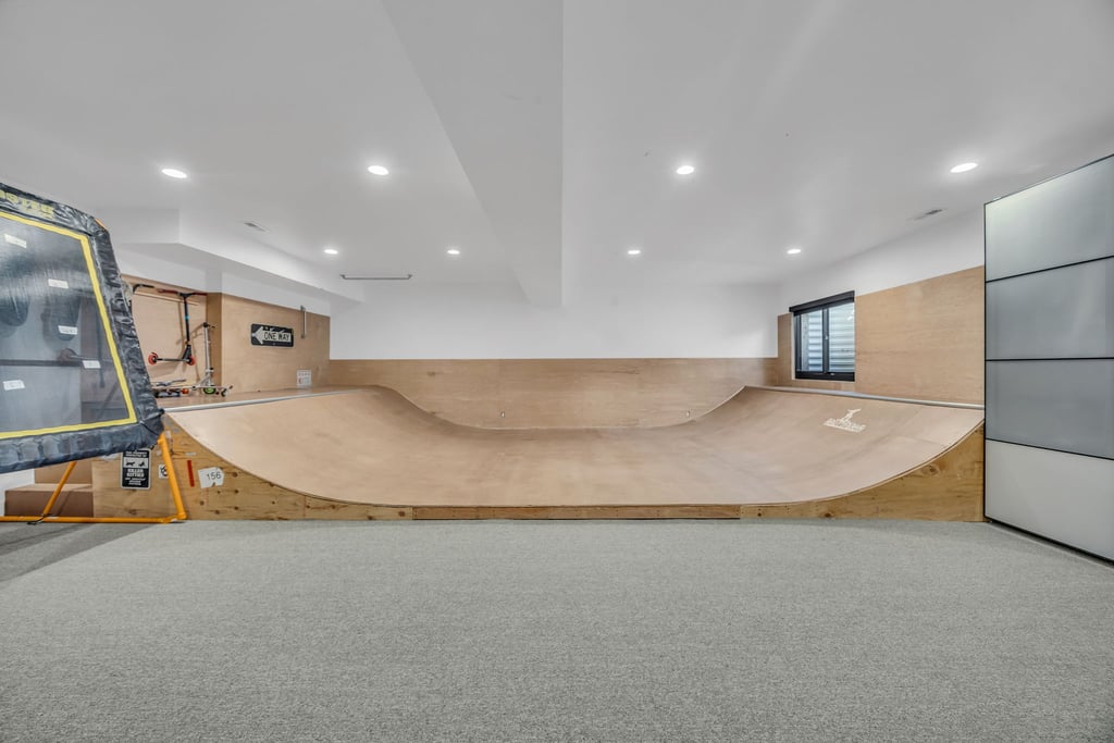 Recreational room featuring a built-in skateboard ramp, wood-finish wall paneling, recessed lighting, and grey carpeting