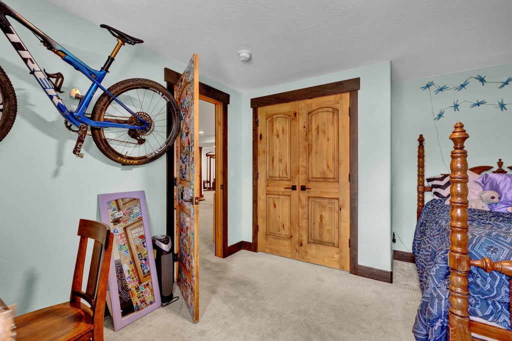 Carpeted room featuring natural wood double doors with dark hardware, framed by dark wood trim