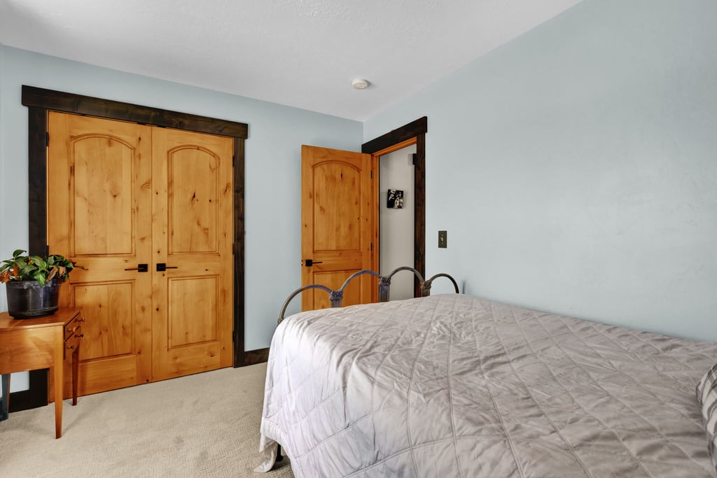 Double panel wood doors with dark trim, light blue walls, and carpeted flooring