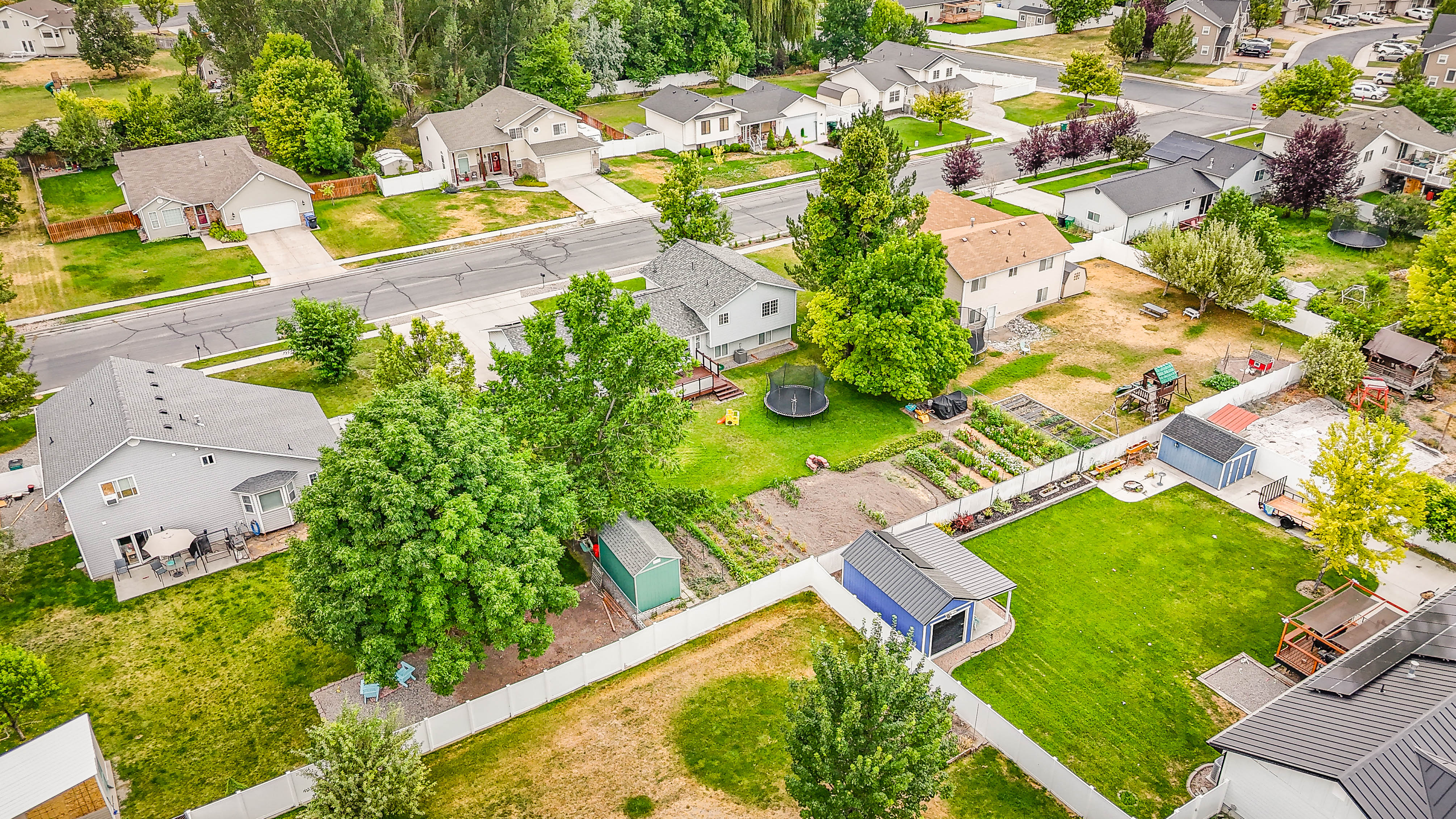 Expansive property featuring a large manicured lawn, established garden beds, white fencing, a detached storage shed, and mature trees