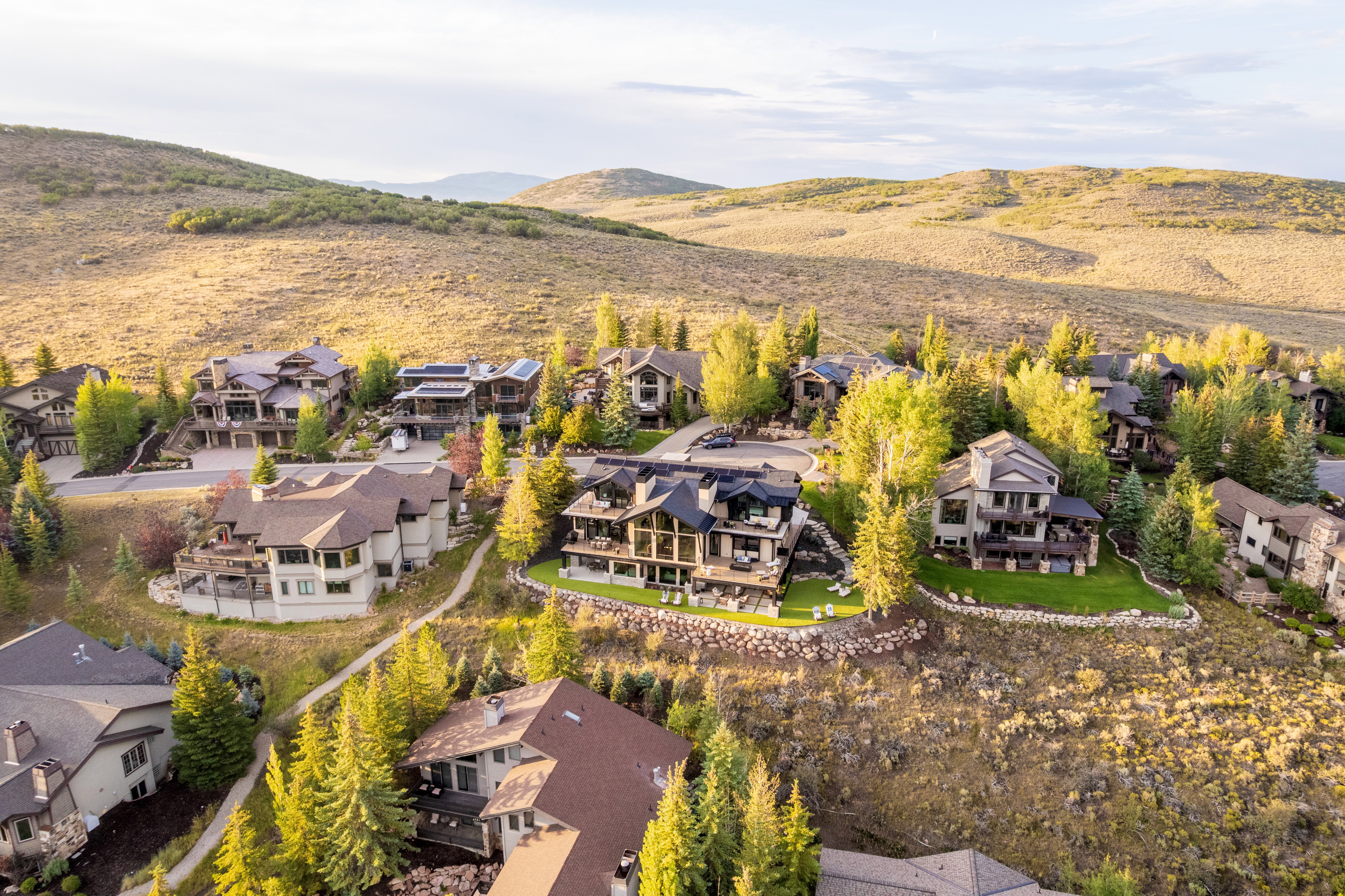 Hillside residences featuring varied architectural styles and extensive natural landscaping