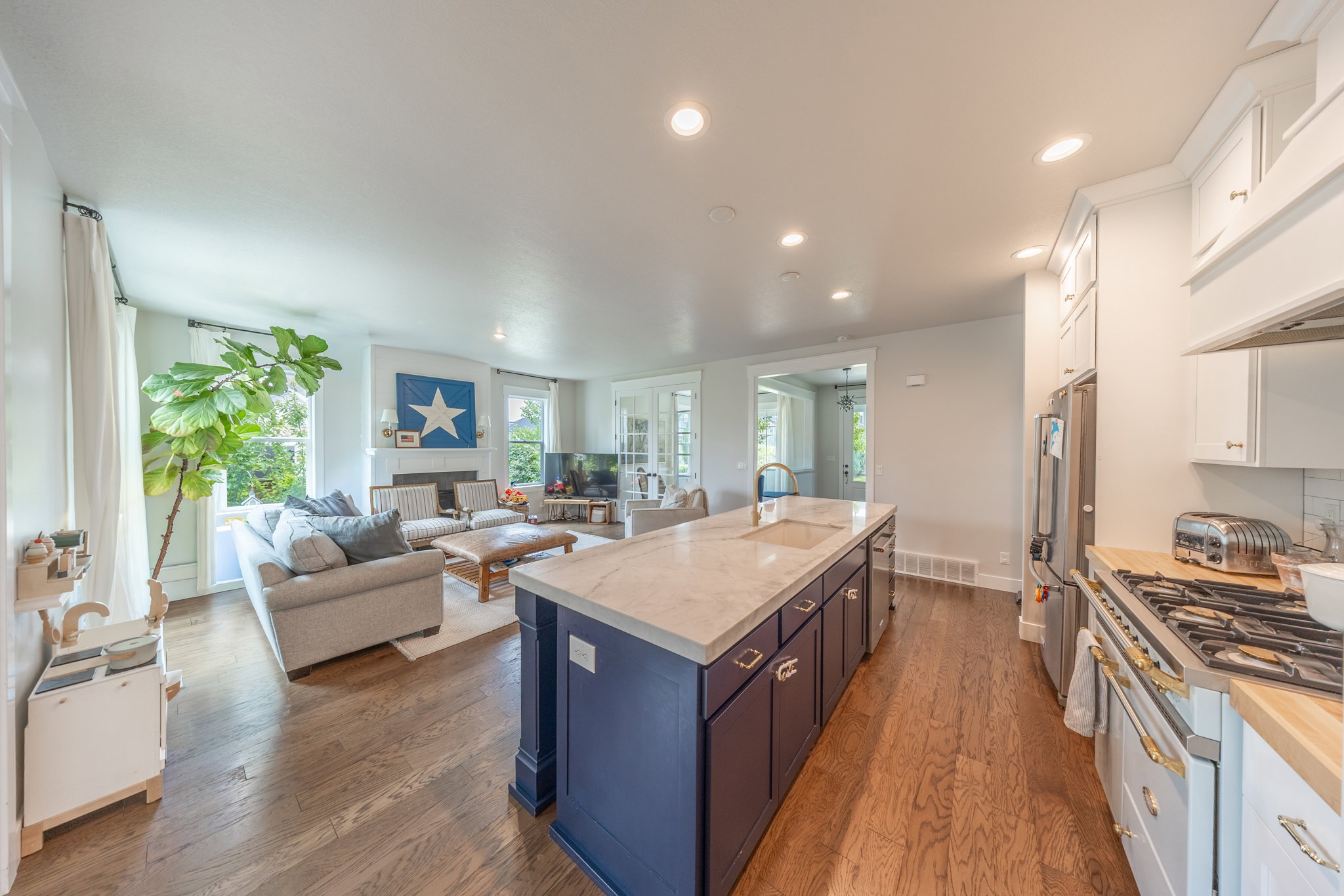 Open-concept living space featuring wood-finish flooring, a kitchen island with sink and stone countertop, stainless steel appliances, white cabinetry, and a living area with a fireplace