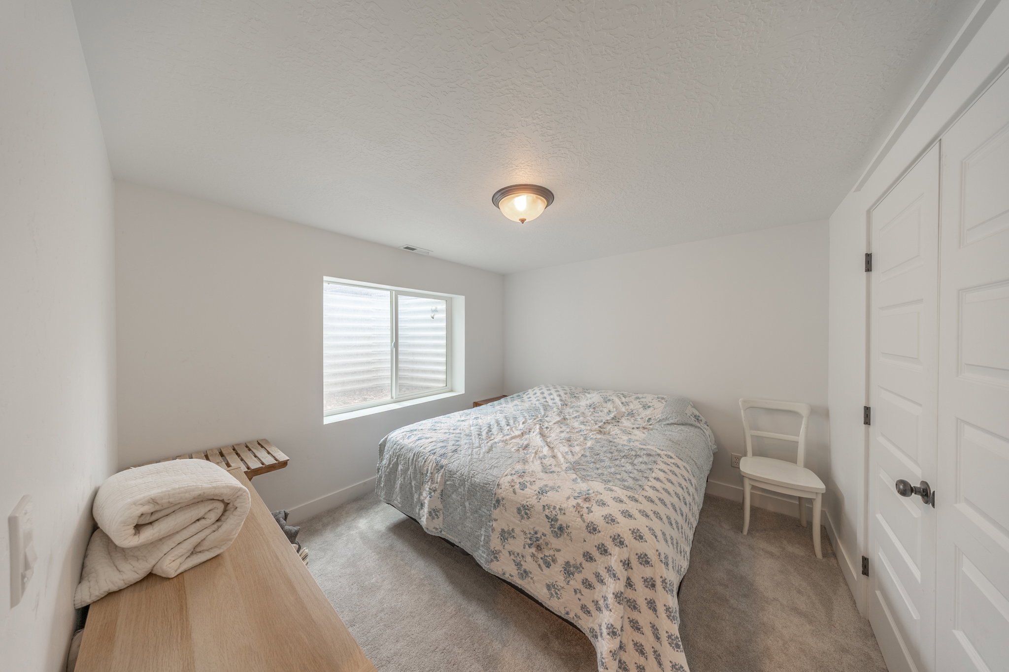 Carpeted room featuring a double-pane window with a light well, a flush-mount ceiling light fixture, and a paneled closet door with a black knob