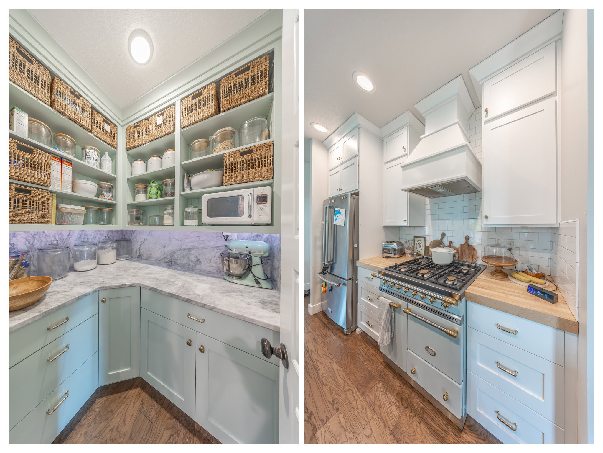 Custom pantry with built-in shelving, countertop space, and lower cabinetry