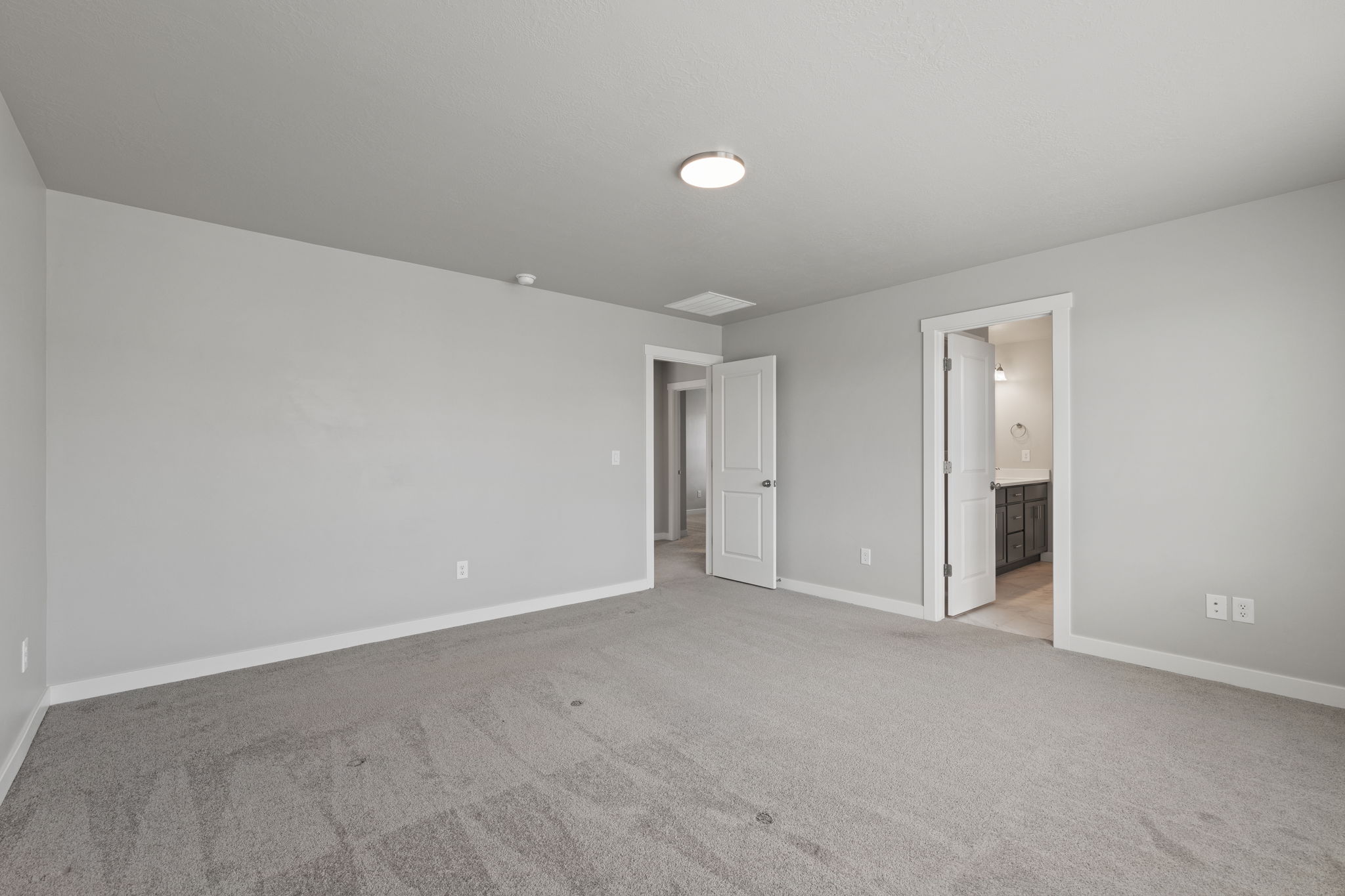 Spacious room featuring light gray carpeting, neutral wall paint, white trim, a flush-mount ceiling light, and access to a bathroom with a vanity